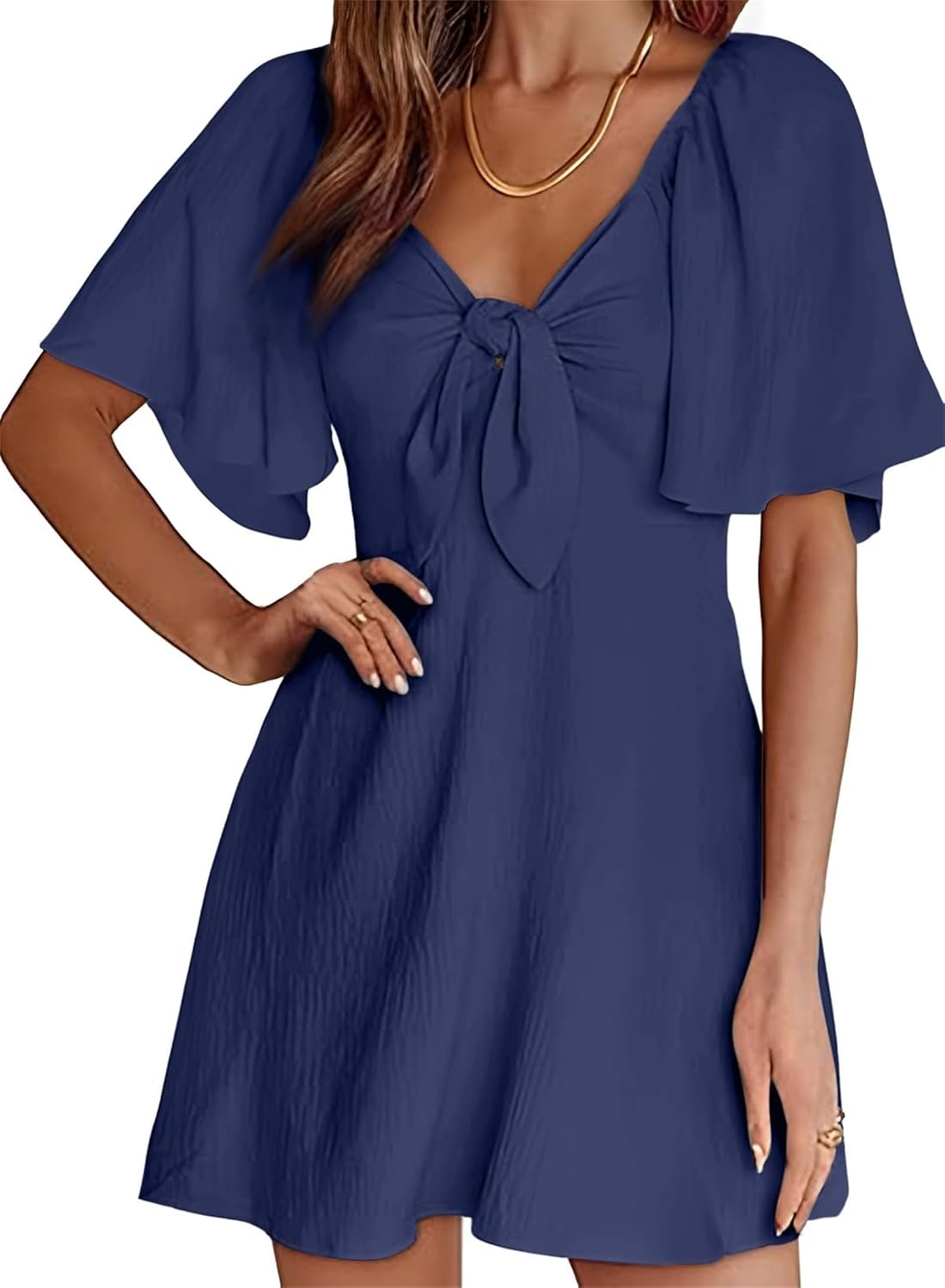 Chloé jurk dames – mini jurk met V-hals, strik, hoge taille, volant, elegant, zomer