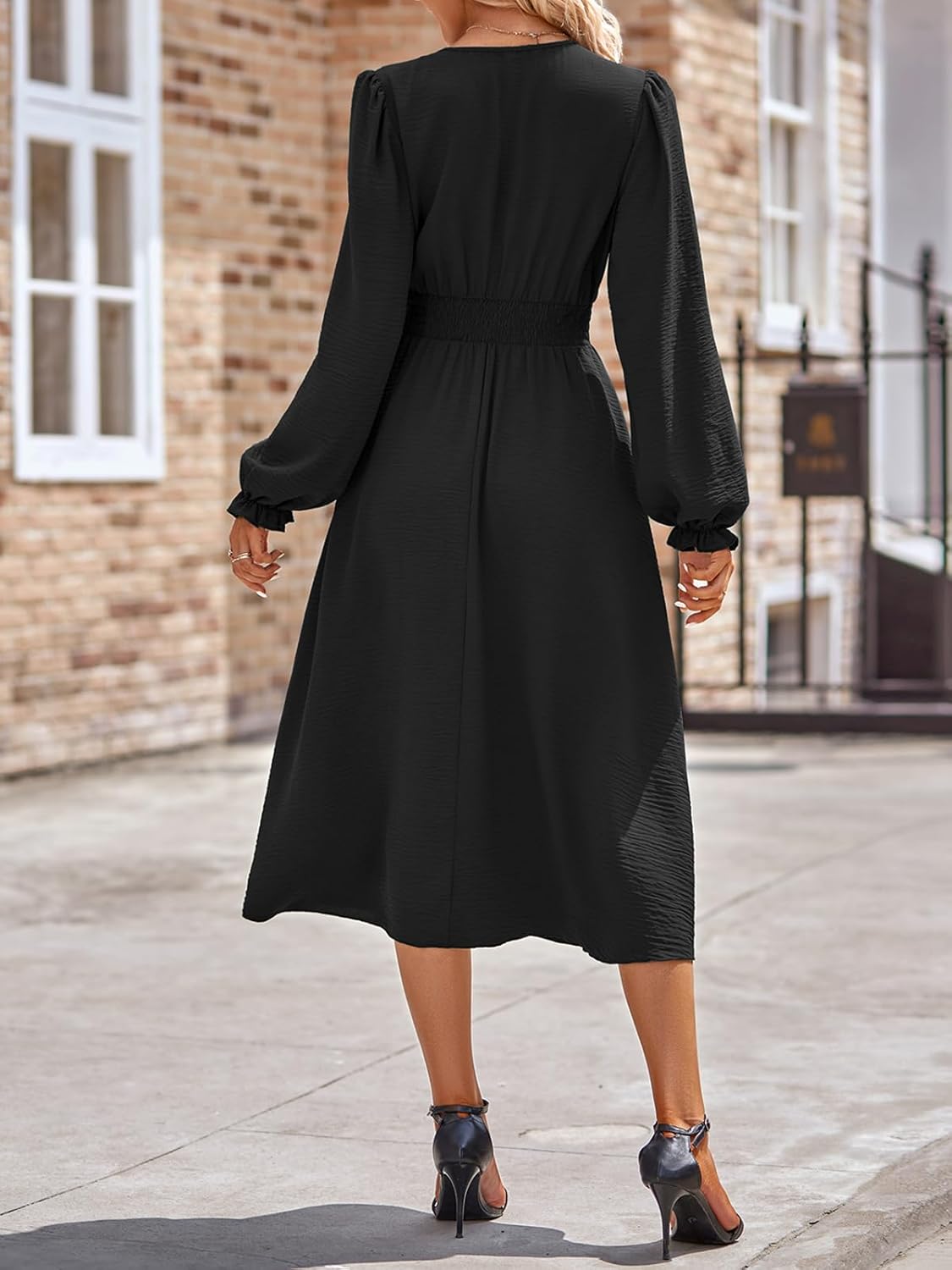 Vestido Midi Feminino Emma – Vestido com Decote em V, Mangas Compridas, Cintura Alta, Corte A-Line Elegante