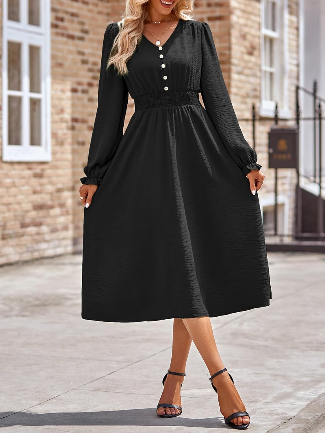 Vestido Midi Feminino Emma – Vestido com Decote em V, Mangas Compridas, Cintura Alta, Corte A-Line Elegante