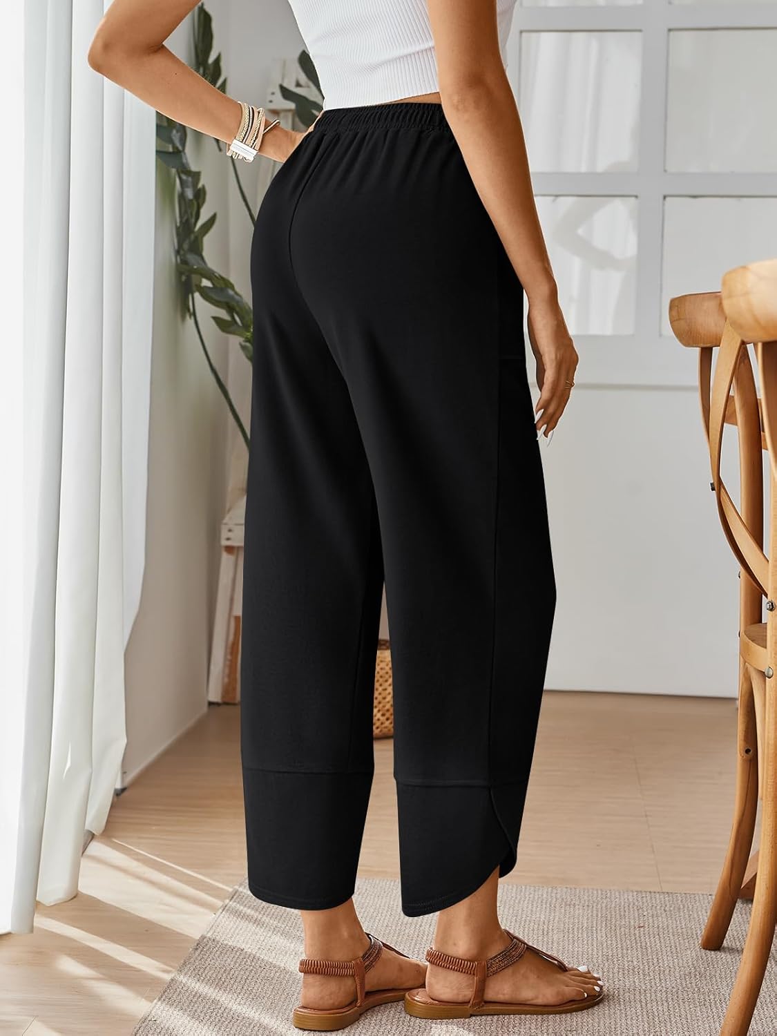Quenn Pantalón Mujer – Pantalón Ancho de Algodón con Cintura Elástica y Bolsillos Verano