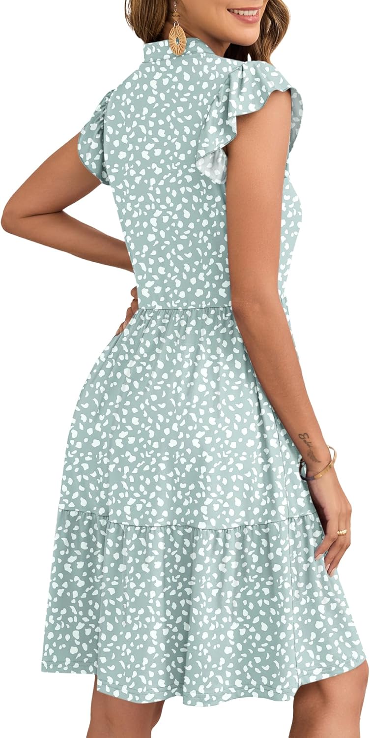 Vestido Curto Aida Mulher Verão – Vestido Decote V com Mangas com Folhos, Cintura Elástica e Bolsos