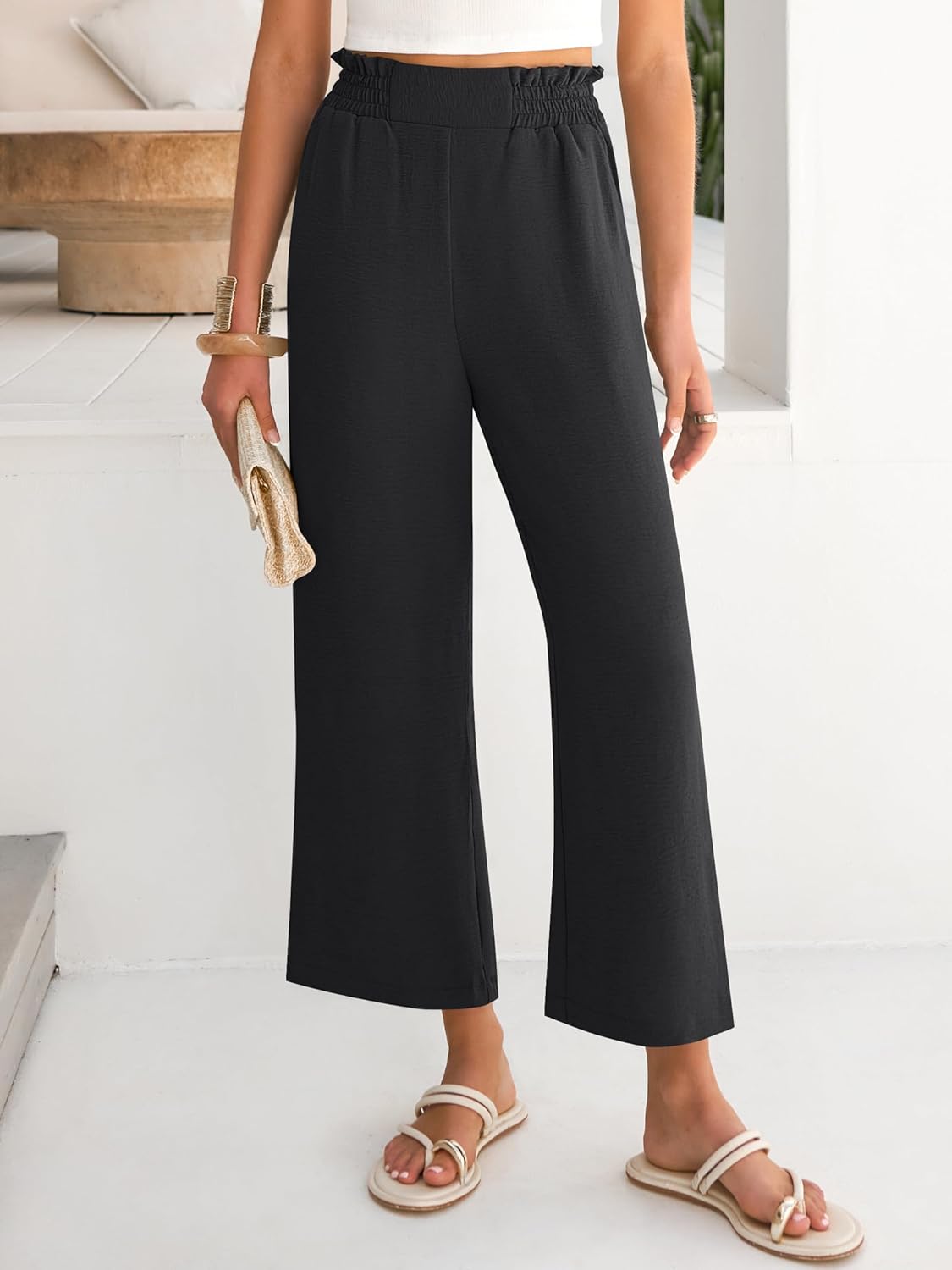 Calças Eva Mulher – Calças Palazzo Curtas Cintura Alta & Bolsos Verão