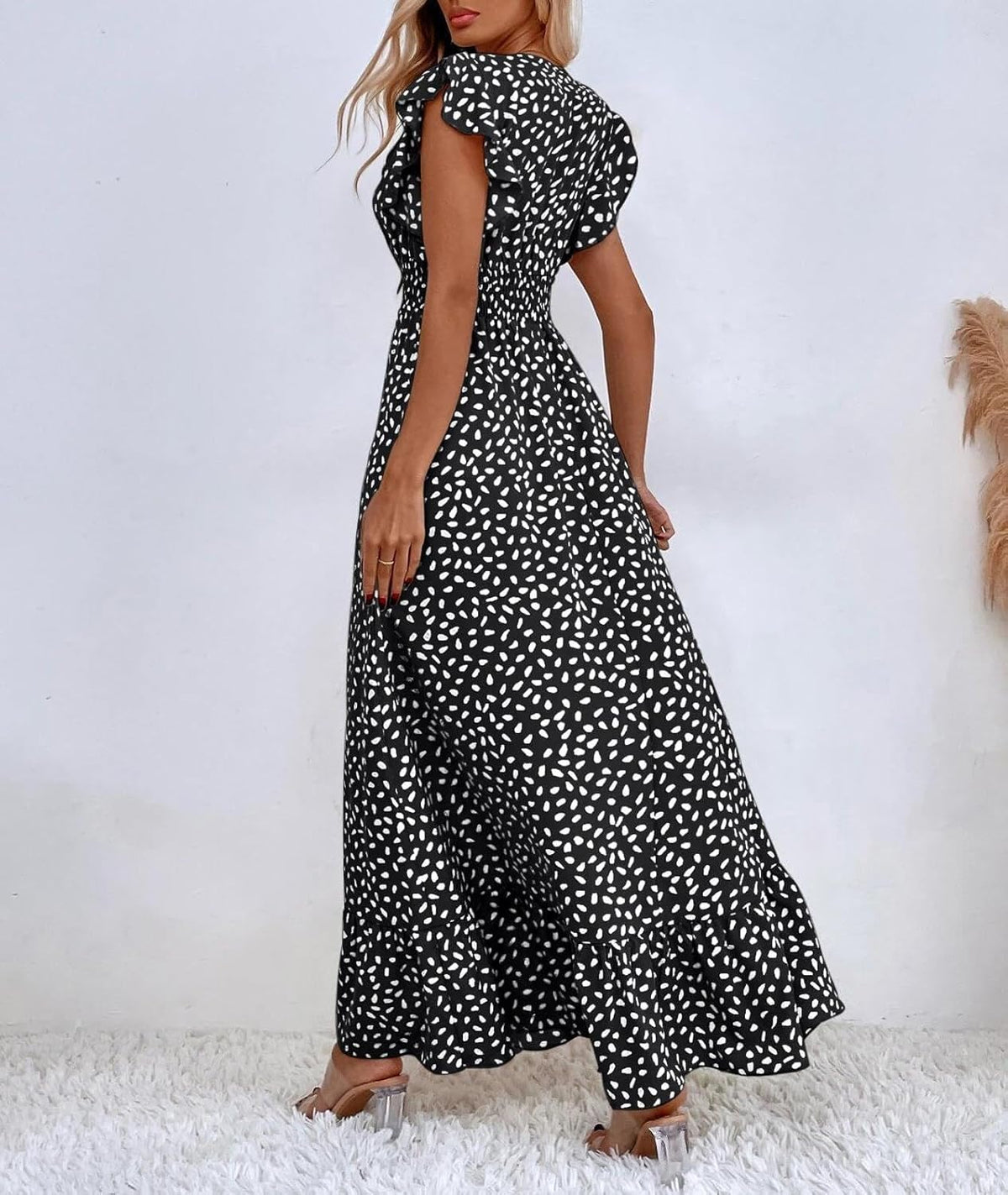 Emma maxi ženska haljina – cvjetna haljina s V-izrezom, volanima, visokim strukom, boho, ljetna