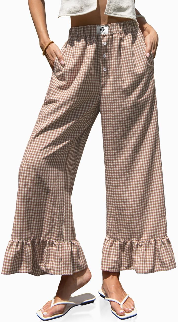Kamil Pantalone Donna – Palazzo Quadri Ampi Volant & Vita con Coulisse
