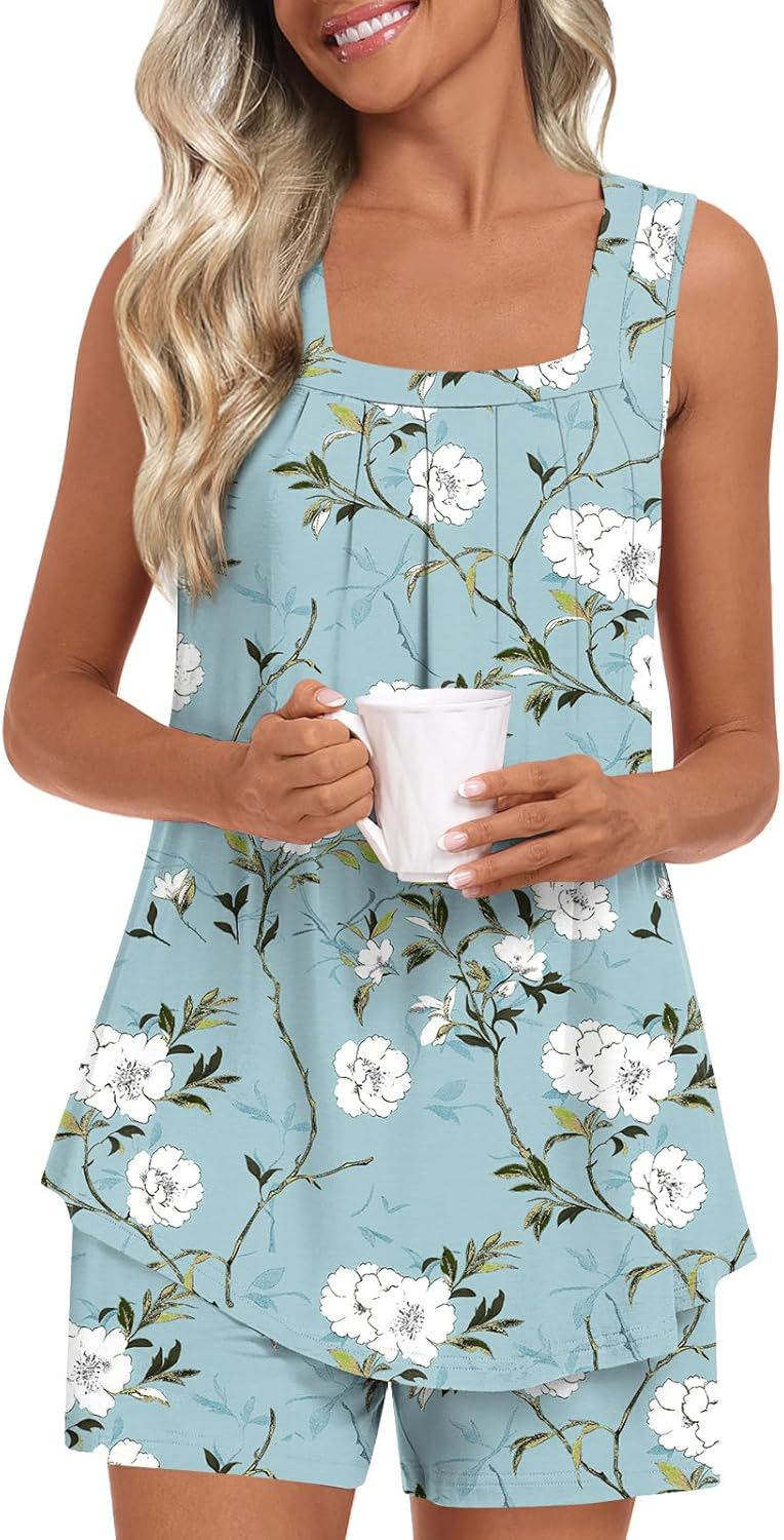 Mirella Damenpyjama, 2-teilig – Tanktop mit eckigem Ausschnitt und fließende Shorts mit Taschen