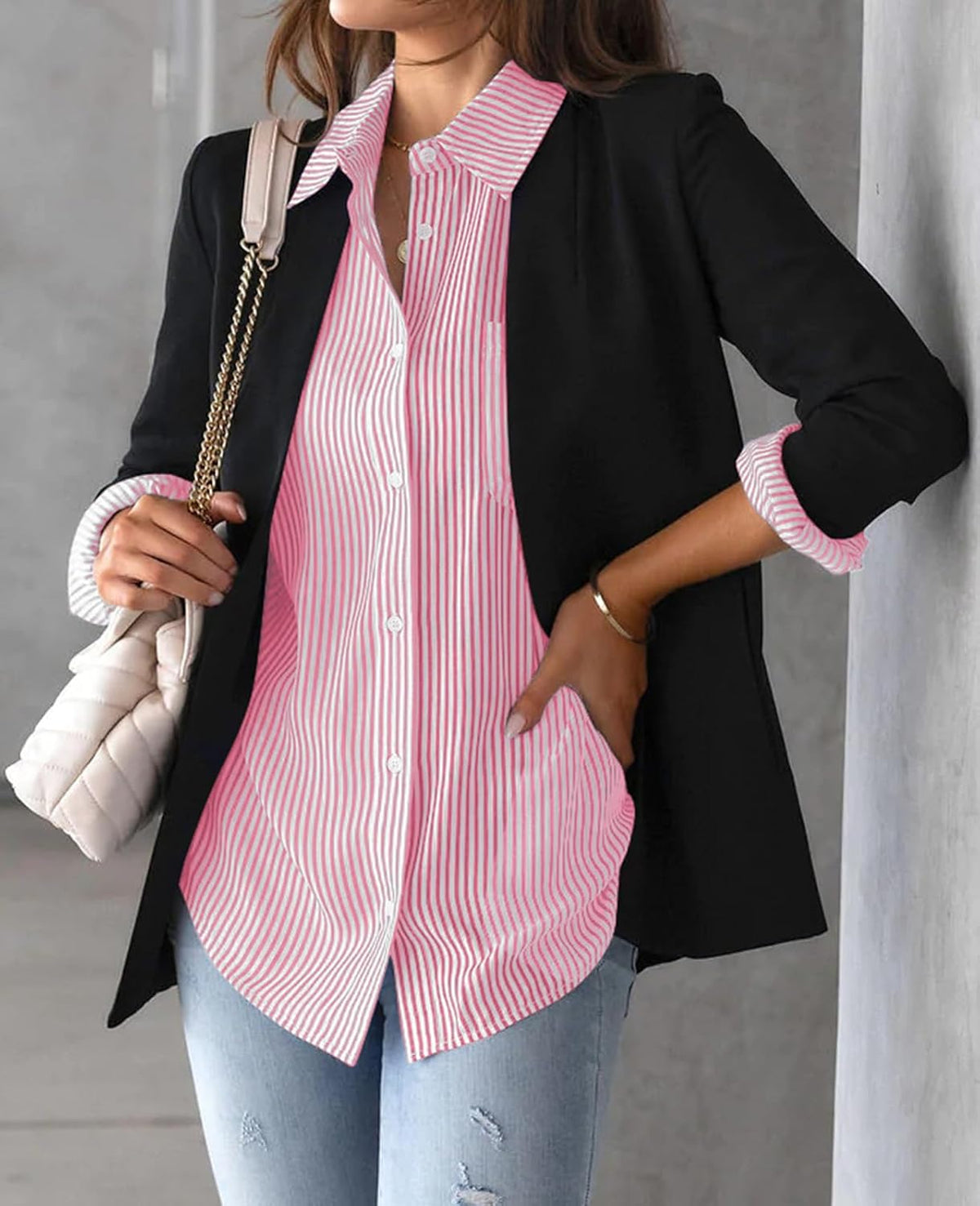 Julie Camisa Mulher às Riscas – Blusa de Algodão com Gola em V e Botões Elegante Casual