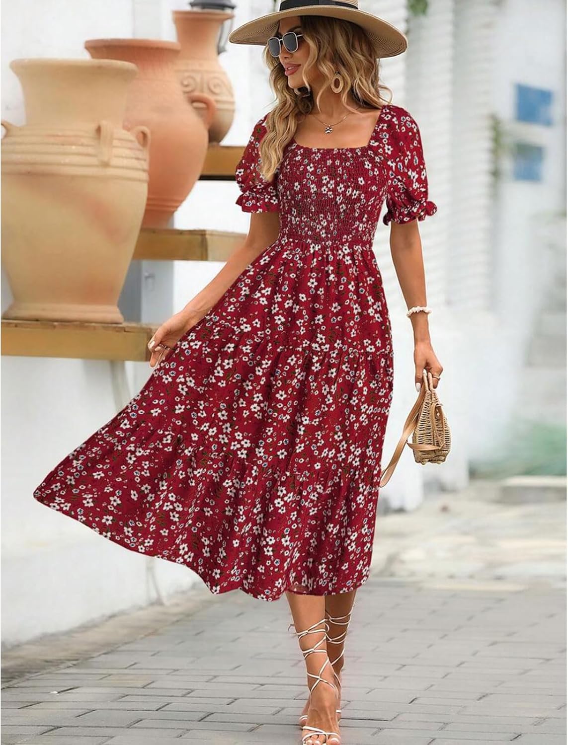 Angeli Damenkleid mit Blumenmuster – Puffärmel, Gebundene Taille, Mini-Schnitt Schick im Sommer