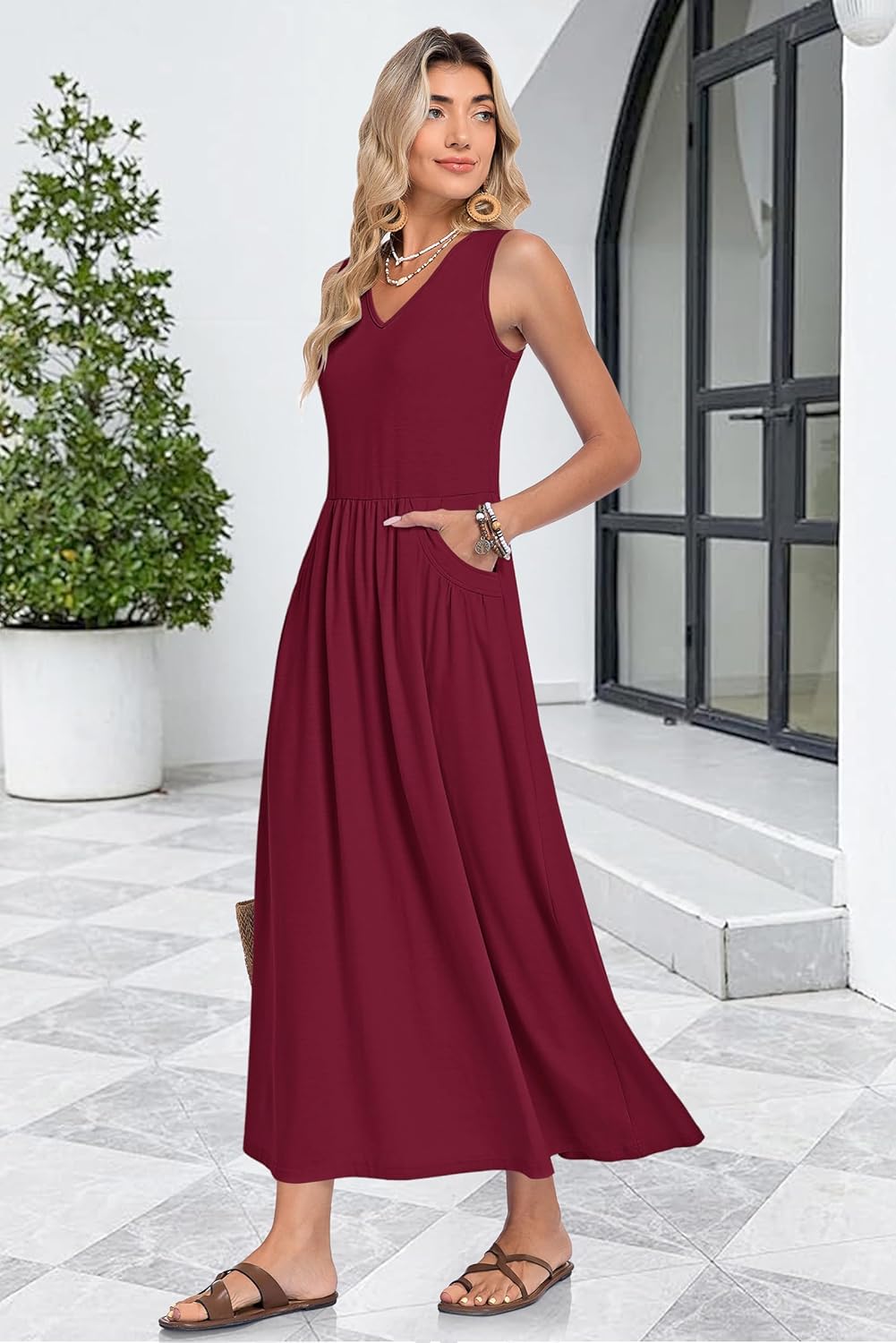 Faye Maxikleid Damen Sommer – Langes Kleid mit V-Ausschnitt, Ärmellos, A-Linie Schnitt und Taschen