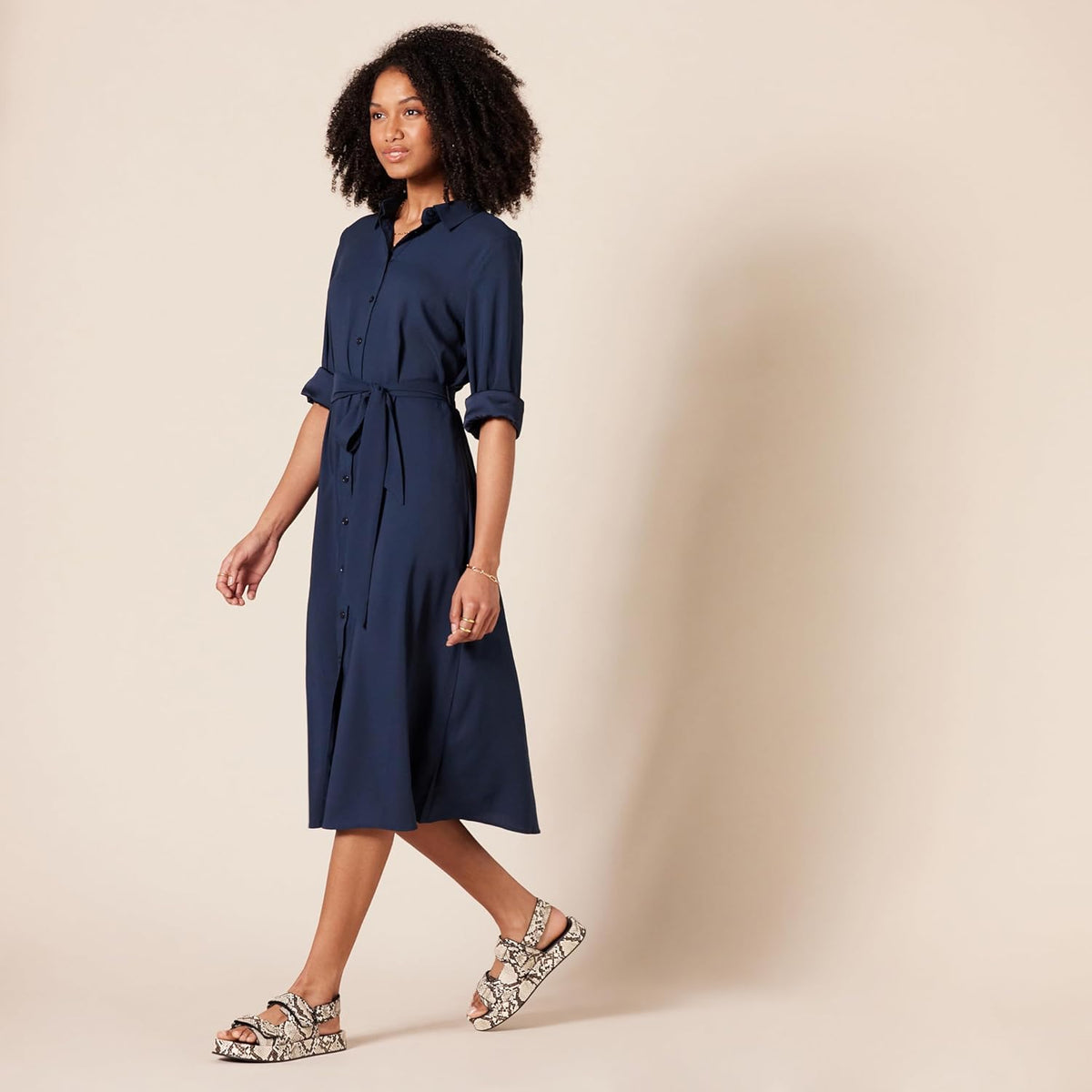 Sophie Women's Midi Shirt Dress – Classic Collar, Long Sleeves, Elegant Belt