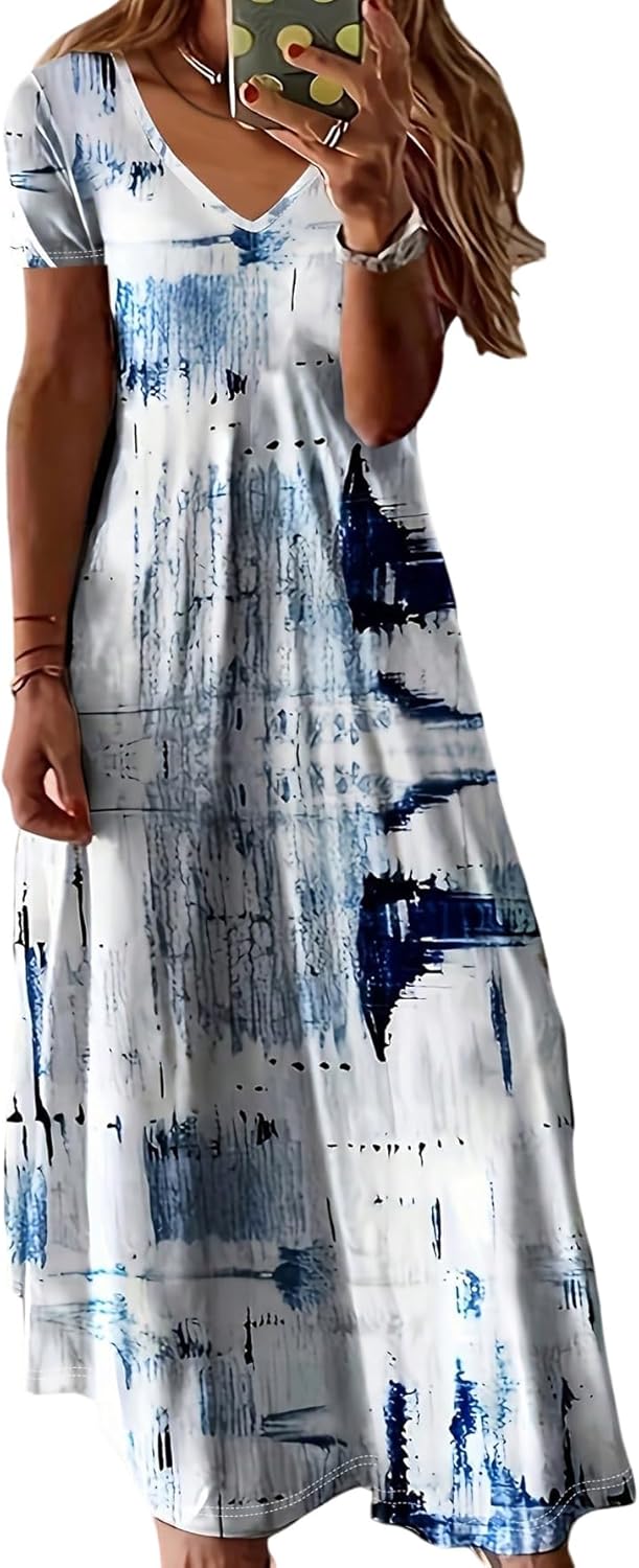 Vestido Maya Maxi Talla Grande – Vestido de Verano Cuello en V Tie-Dye Fluido de Manga Corta