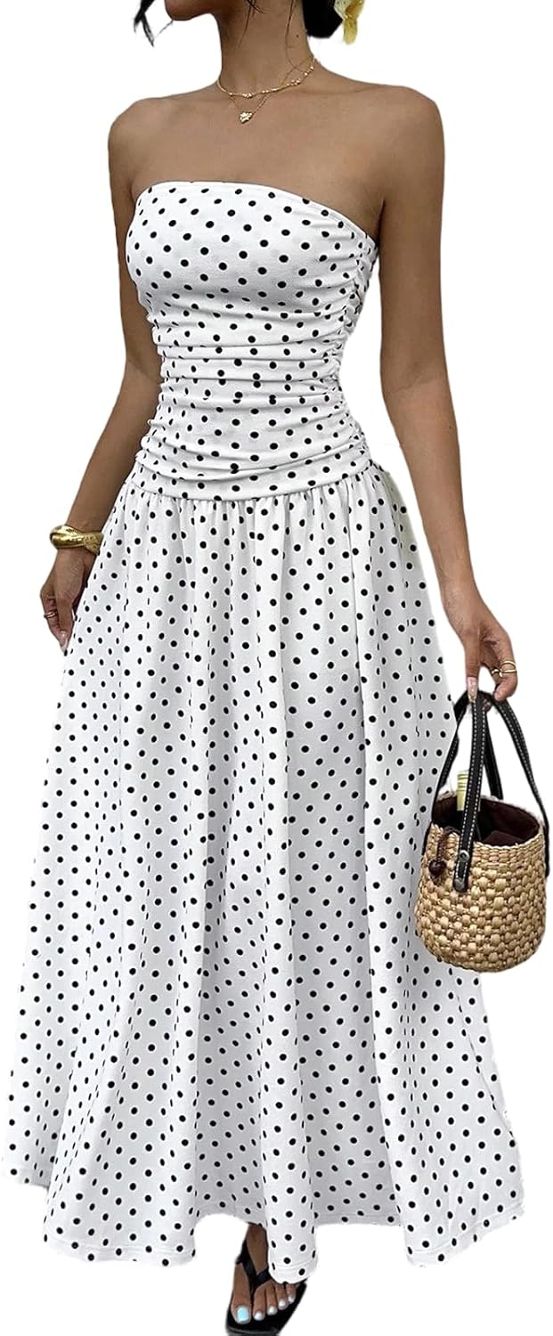 Vestido Sophie Mulher – Vestido Maxi Bandeau com Bolinhas Cintura Alta Fluido Elegante Verão