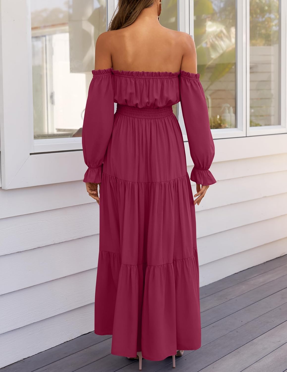 Sophie Maxikleid Damen – Boho-Kleid mit schulterfreiem Schnitt, Schlitz und geraffter Taille