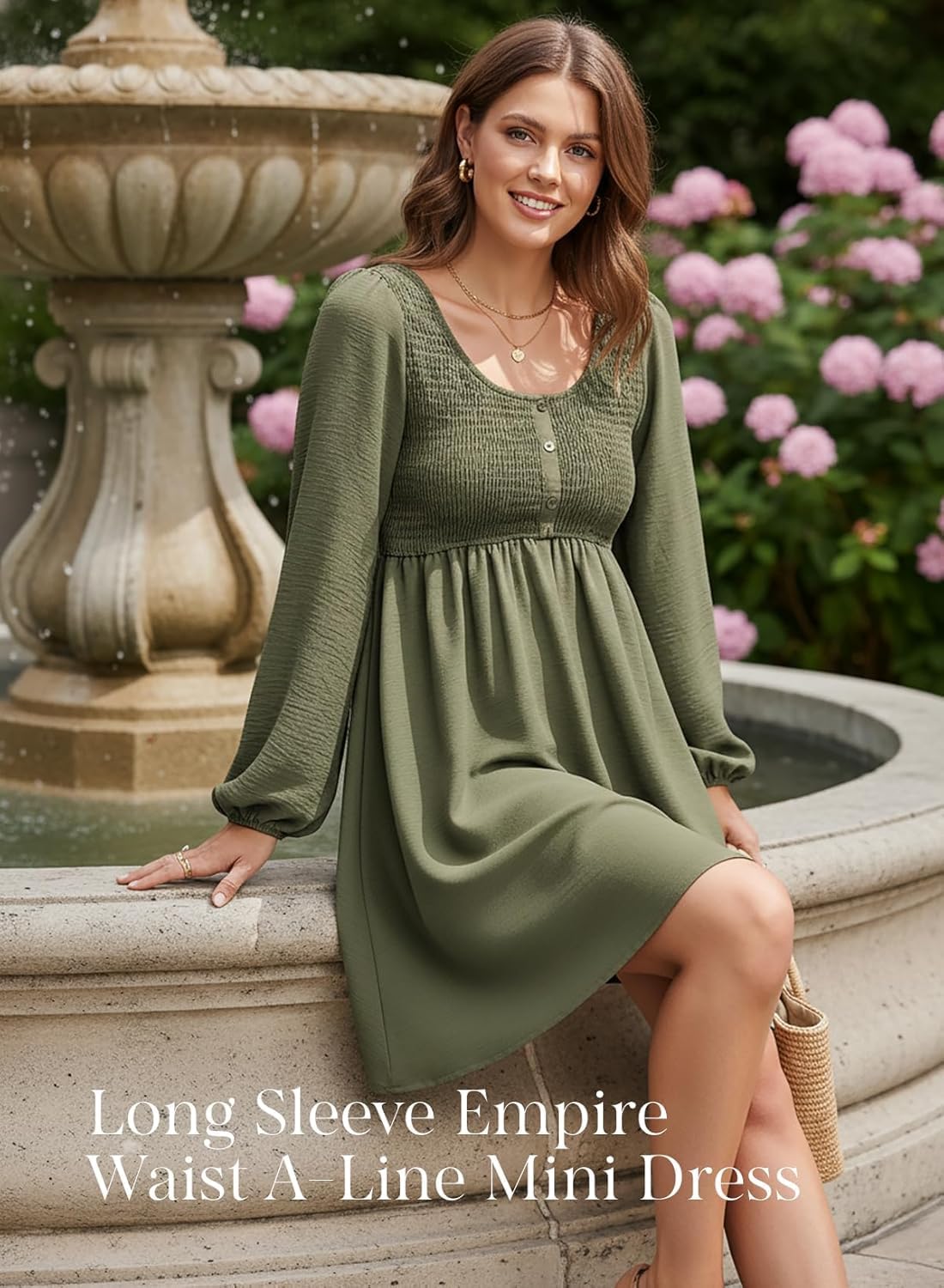 Sophie jurk dames midi mousseline – ronde hals, lange mouwen, A-lijn model