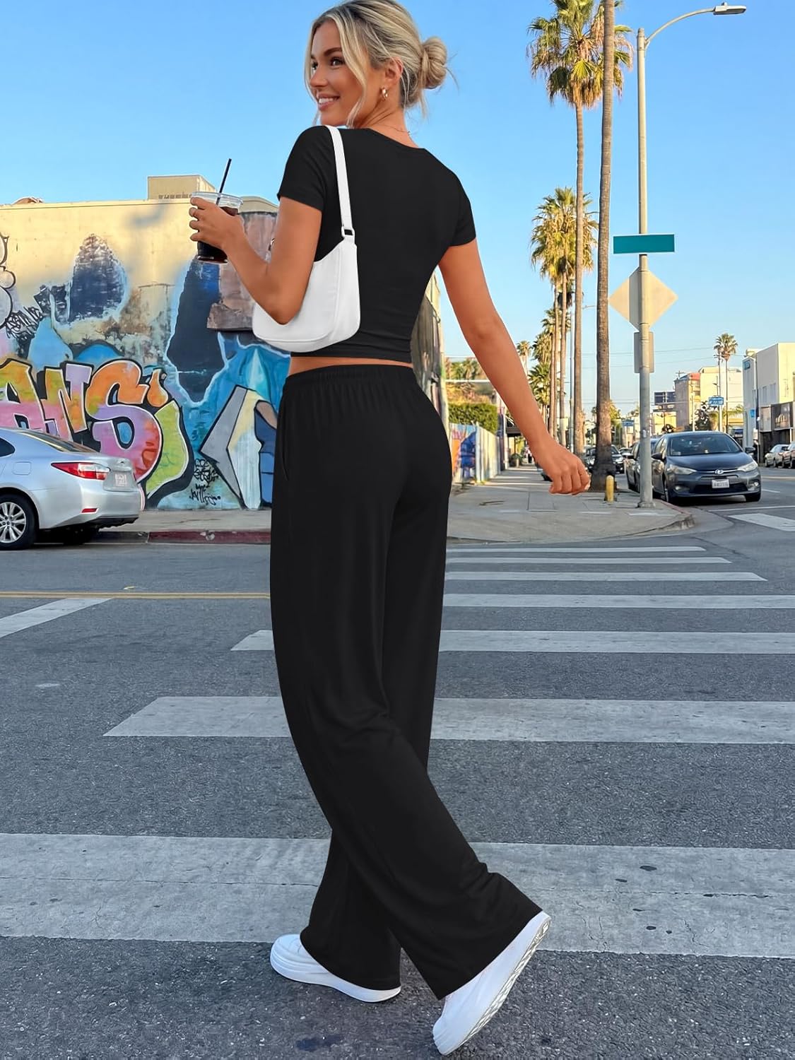 Sienna Women's Summer Set – Ruched Top & Wide-Leg Pants with Pockets