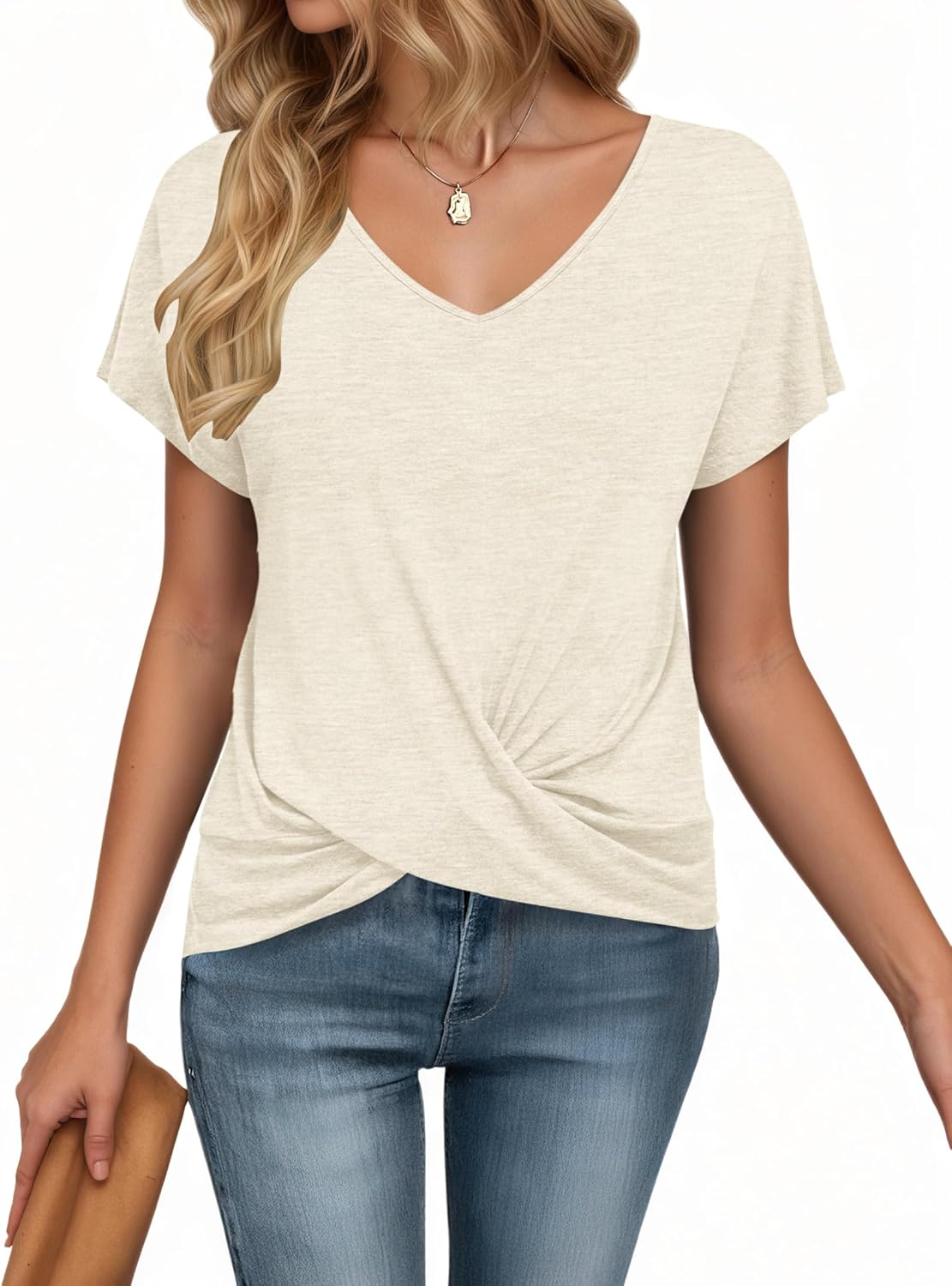 Top Camille Donna – T-shirt elegante con scollo a V e nodo drappeggiato