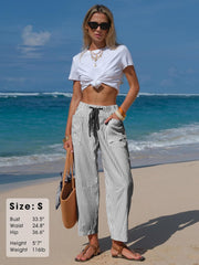 Laura Pantalón Mujer Lino Rayado – Corte Amplio Capri, Cintura Elástica, Ligero Verano
