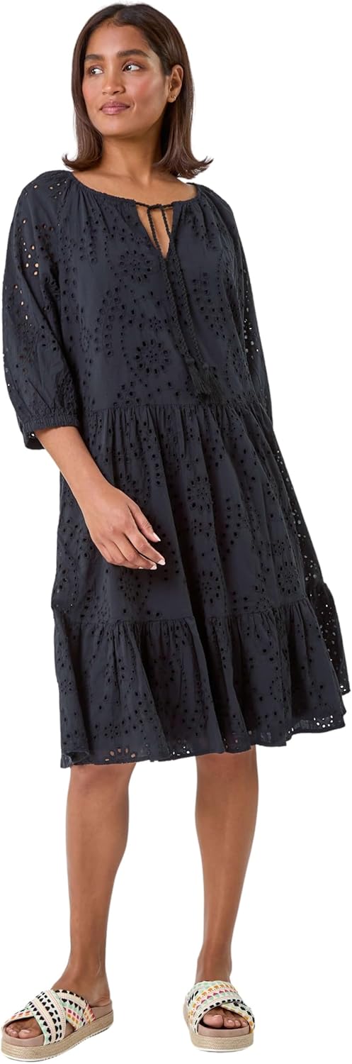 Lina Midi Dress for Women – Embroidered Dress with Ruffles, V-Neck, Cotton, Elegant Summer Dress