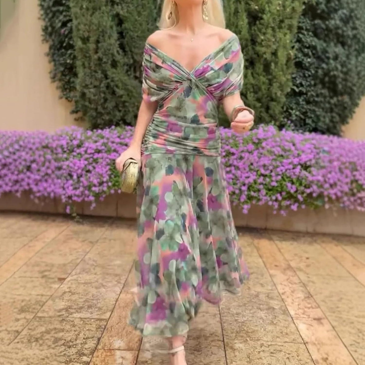 Olivia Robe Femme – Robe Cocktail Fleurie Épaules Dénudées Taille Haute Élégante