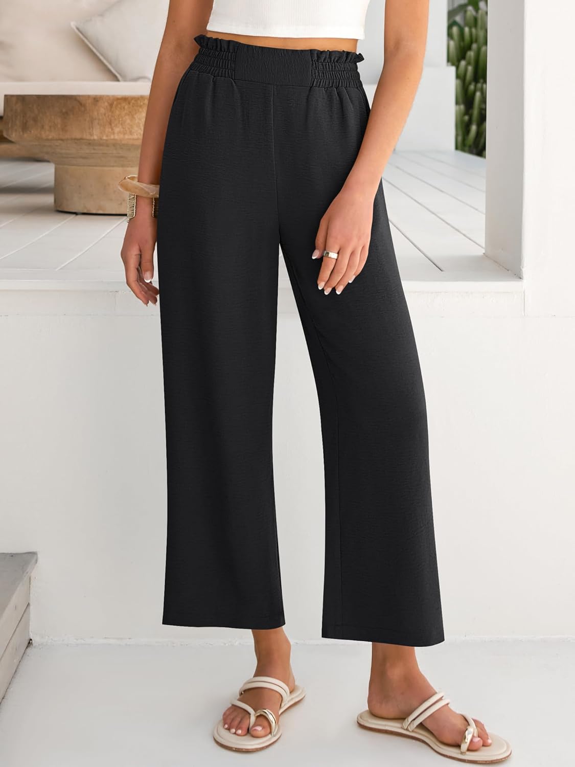 Calças Eva Mulher – Calças Palazzo Curtas Cintura Alta & Bolsos Verão