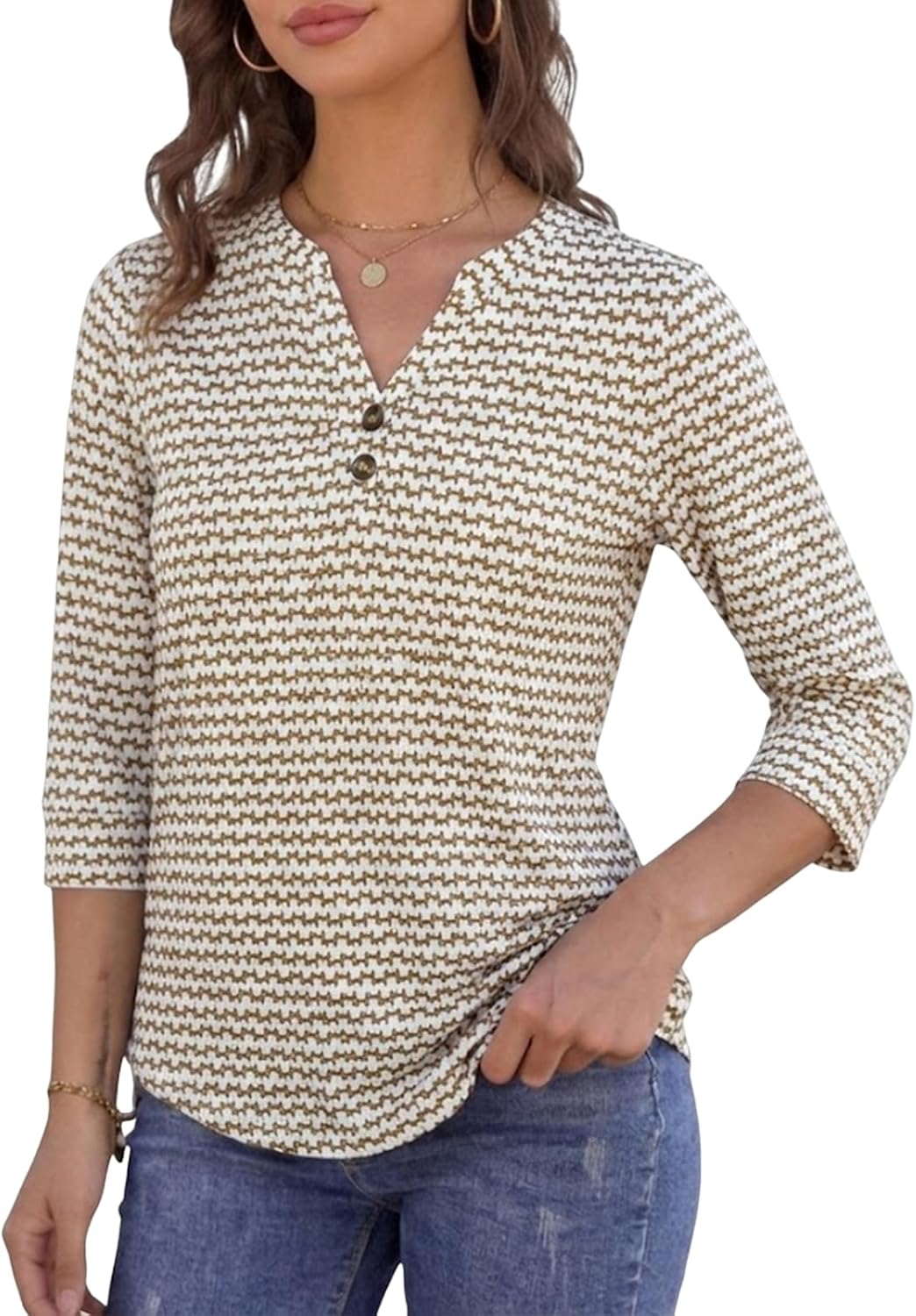 Blessy Damen Bluse V-Ausschnitt – 3/4 Henley-Ärmel, Weite Boho Elegante Passform Sommer