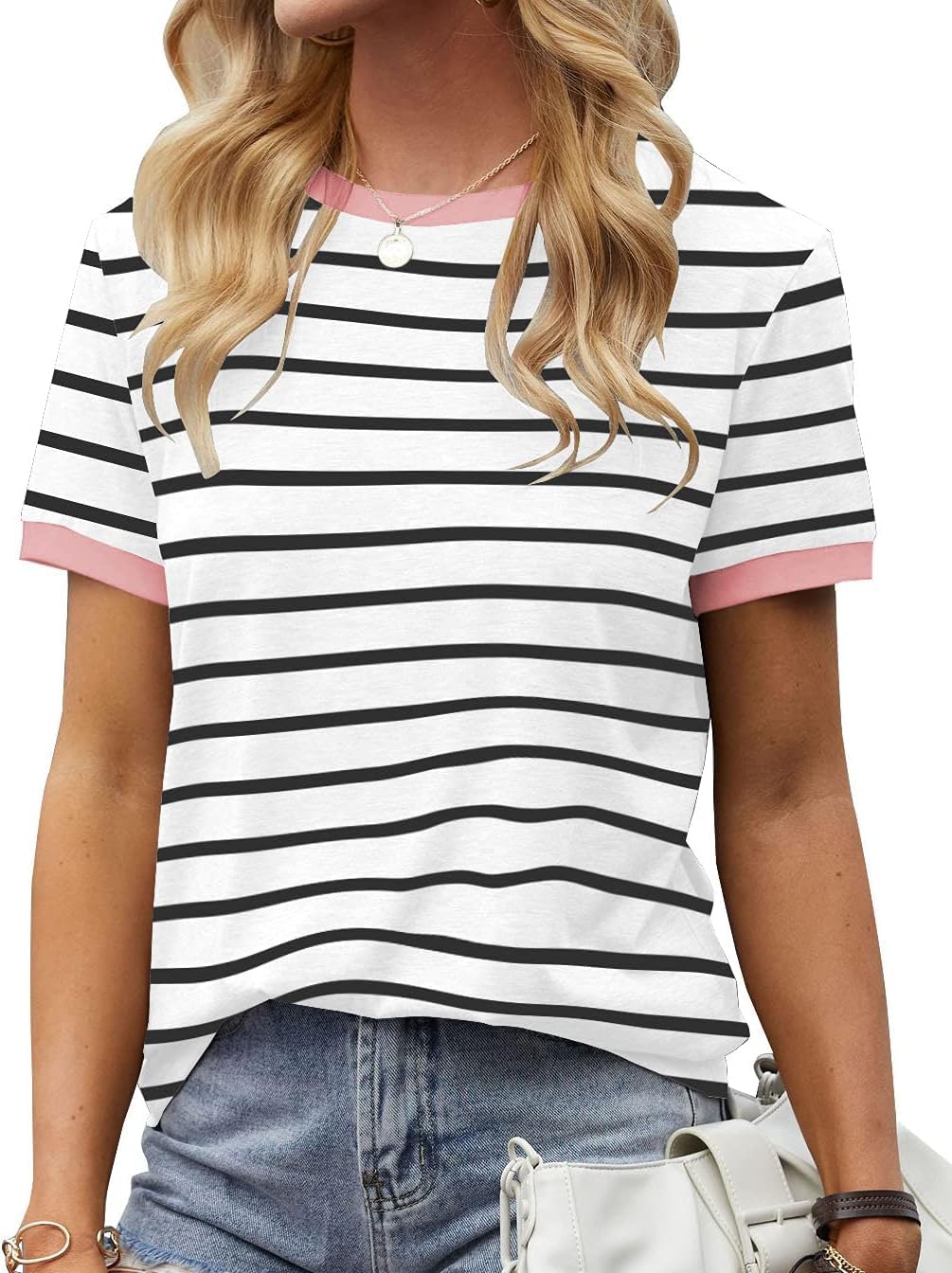 T-shirt donna Belen a righe – Collo tondo, maniche corte, taglio ampio casual estivo