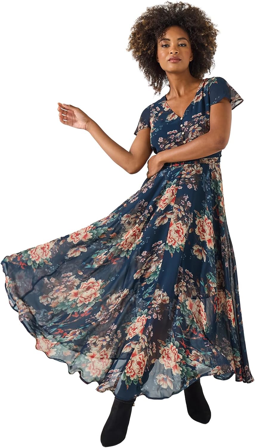 Vestido Sophie para mujer con flores – Vestido Georgette con cuello en V y mangas cortas, elegante para verano
