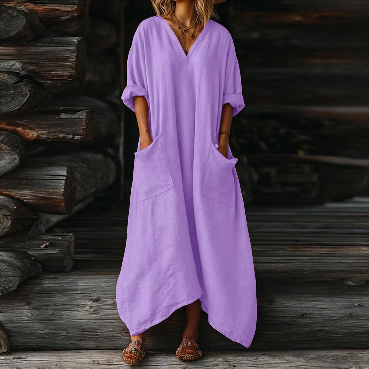 Vestido Mila para mujer – Vestido maxi de lino con escote en V, mangas 3/4, corte línea A, oversize, verano