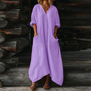Rochie Mila pentru femei – Rochie maxi din in, de vară, cu decolteu în V, mâneci 3/4, croială evazată, oversize