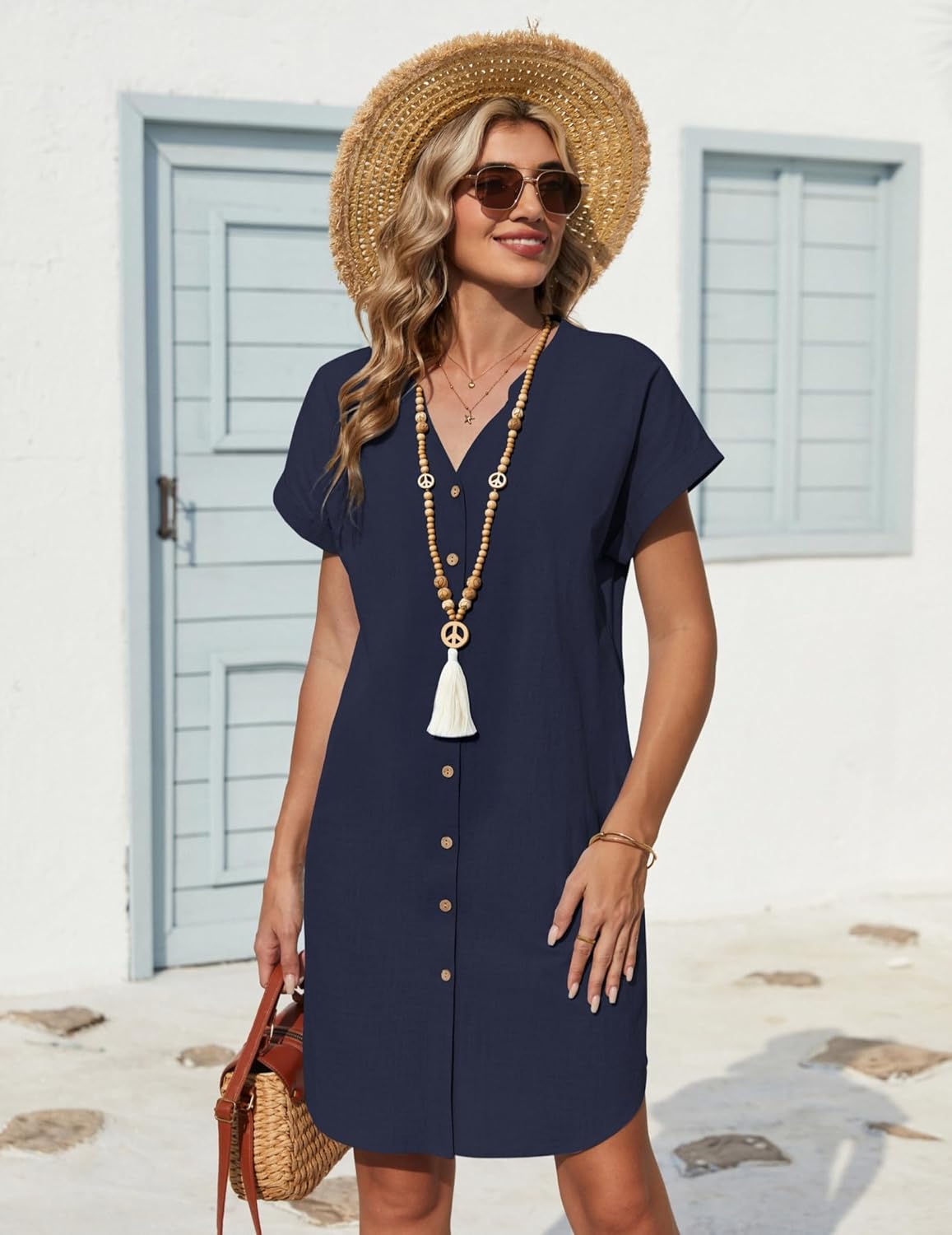 Vestido Clara Camisola Mulher Linho – Decote V Henley, Mangas Curtas, Bolsos Verão