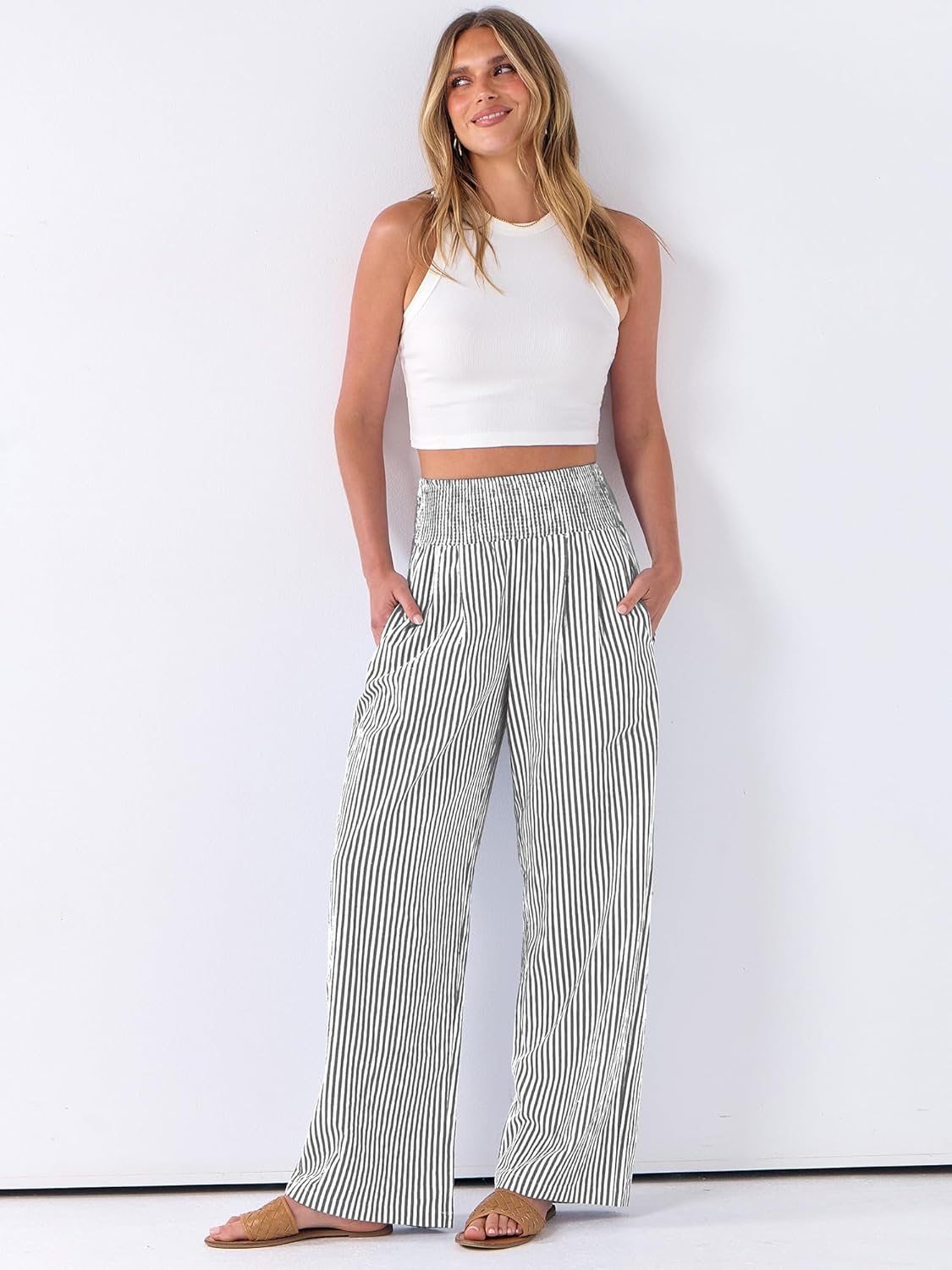 Léah Pantalon Femme – Pantalon Palazzo Rayé Taille Haute & Poches Été