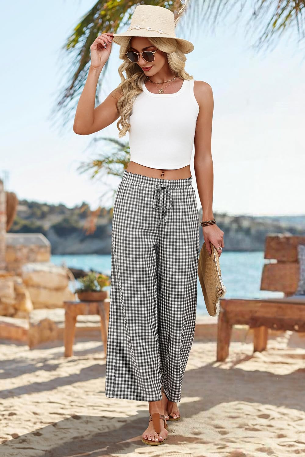 Mindi Pantalon Femme Palazzo – Coupe Large Fluide, Taille Élastique Cordon Casual Chic