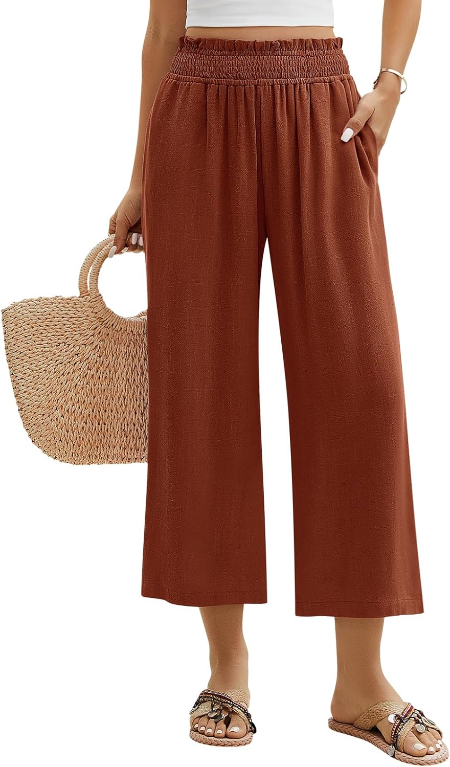 Élina Damen Leinenhose – 7/8 Weite Hose mit elastischem Bund und Taschen