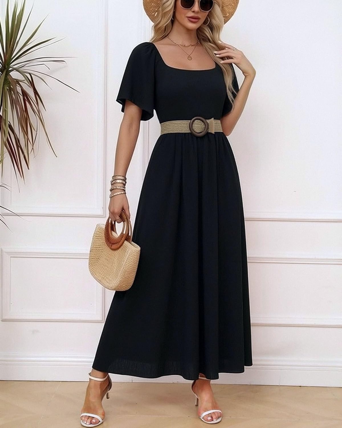 Vestido largo para mujer Patricia – Cuello cuadrado, corte línea A fluido, mangas murciélago verano