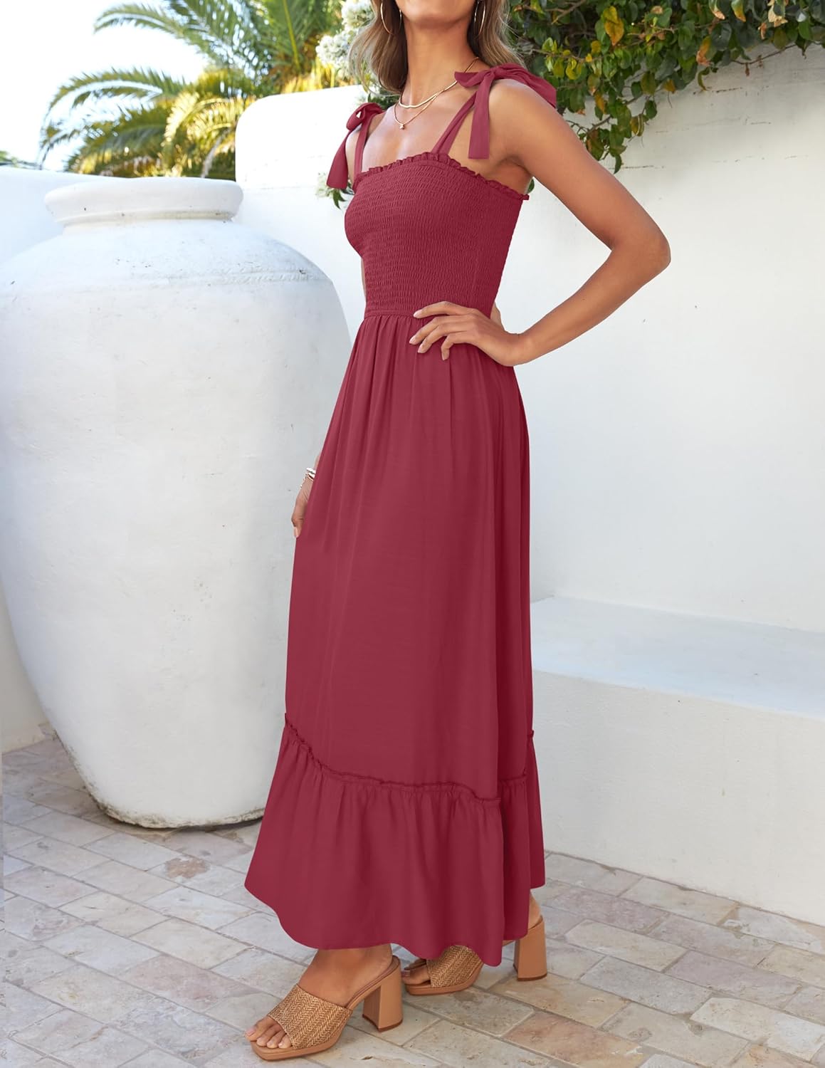 Léa bohemien maxi jurk dames – lange jurk met bandjes, vierkante hals en volant, zomer, elegant