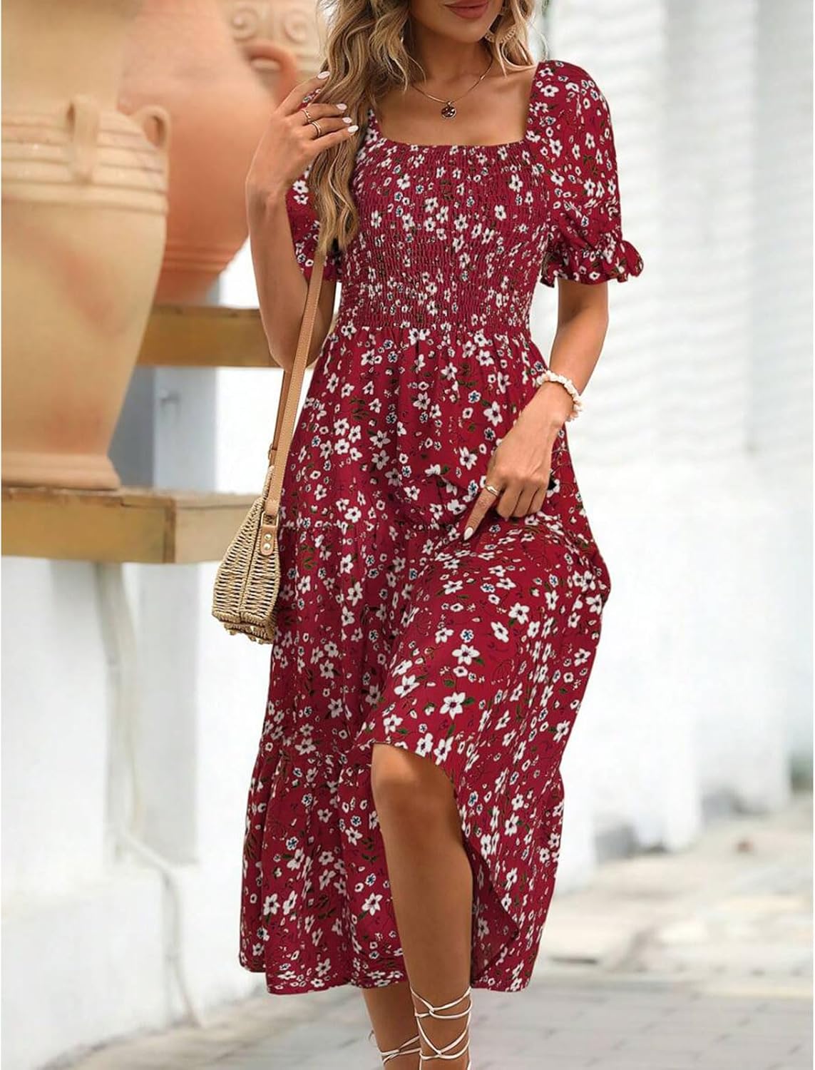 Angeli Damenkleid mit Blumenmuster – Puffärmel, Gebundene Taille, Mini-Schnitt Schick im Sommer