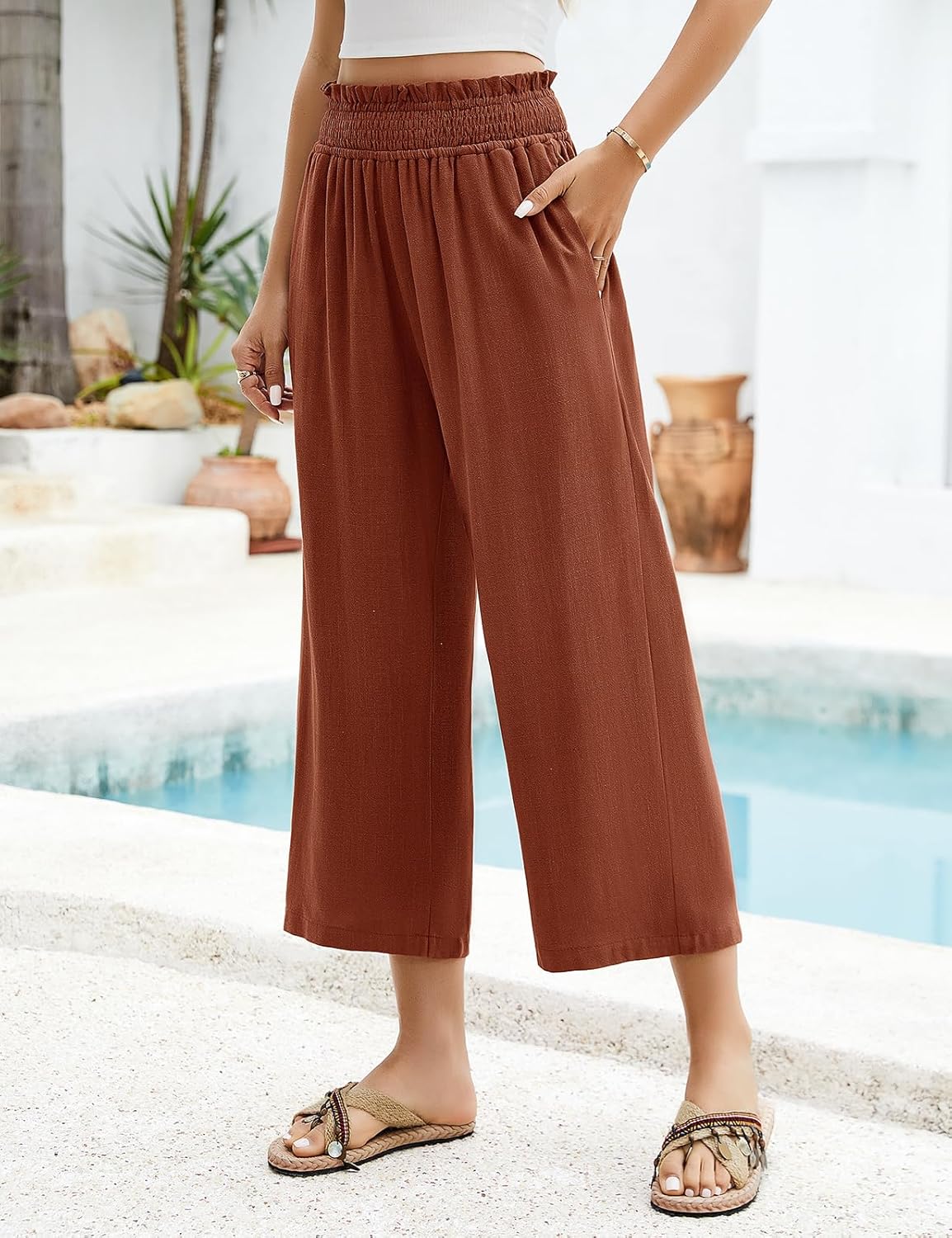 Élina Pantalón para mujer de lino – Pantalón 7/8 ancho con cintura elástica y bolsillos
