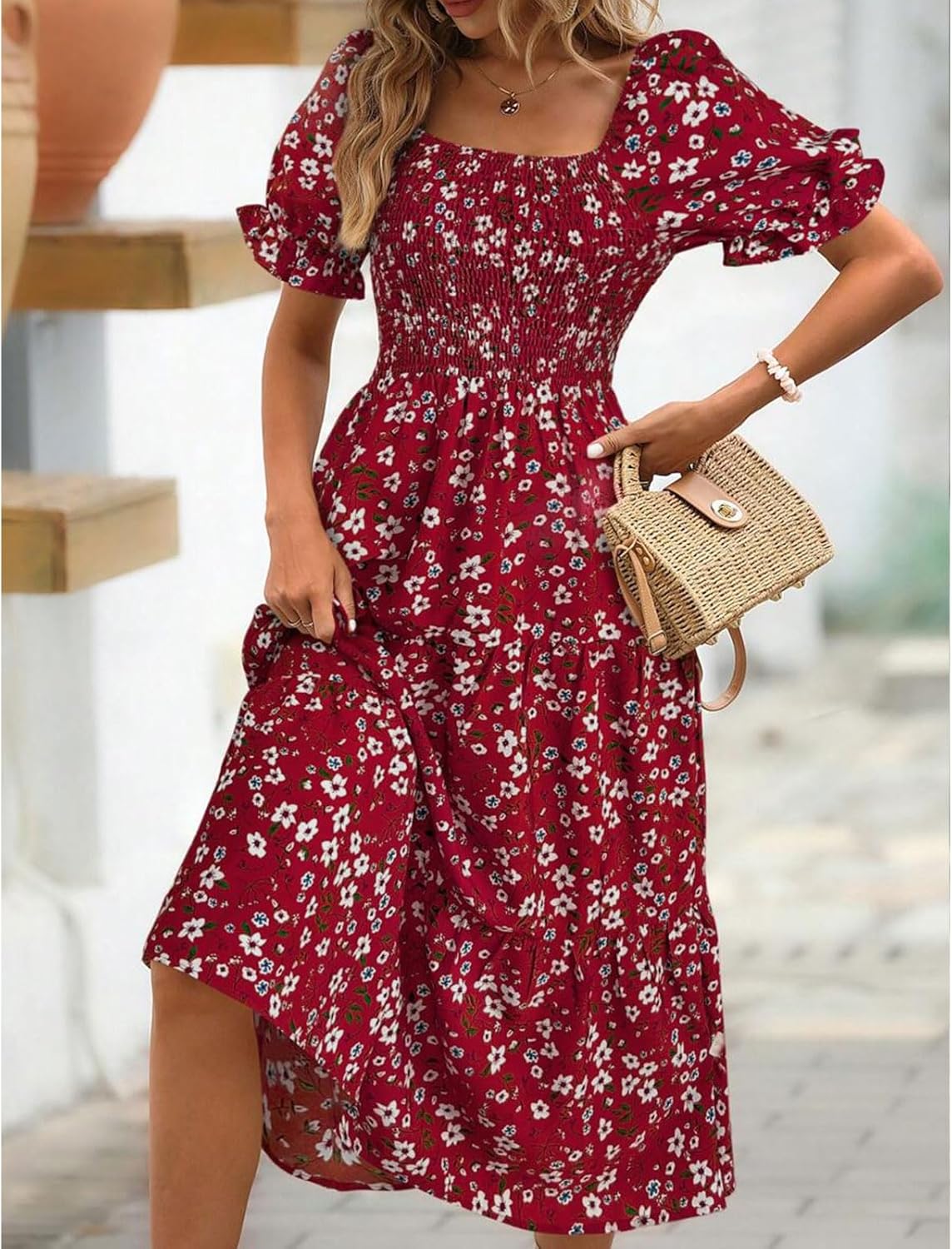 Angeli Damenkleid mit Blumenmuster – Puffärmel, Gebundene Taille, Mini-Schnitt Schick im Sommer
