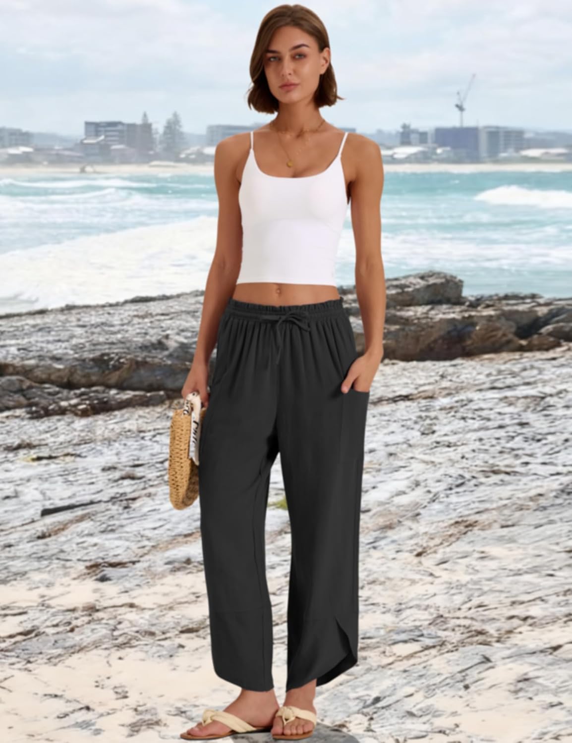 Jade Bukser til Kvinder – Capri Palazzo Linned Boheme Bred Elastik i Taljen & Lommer