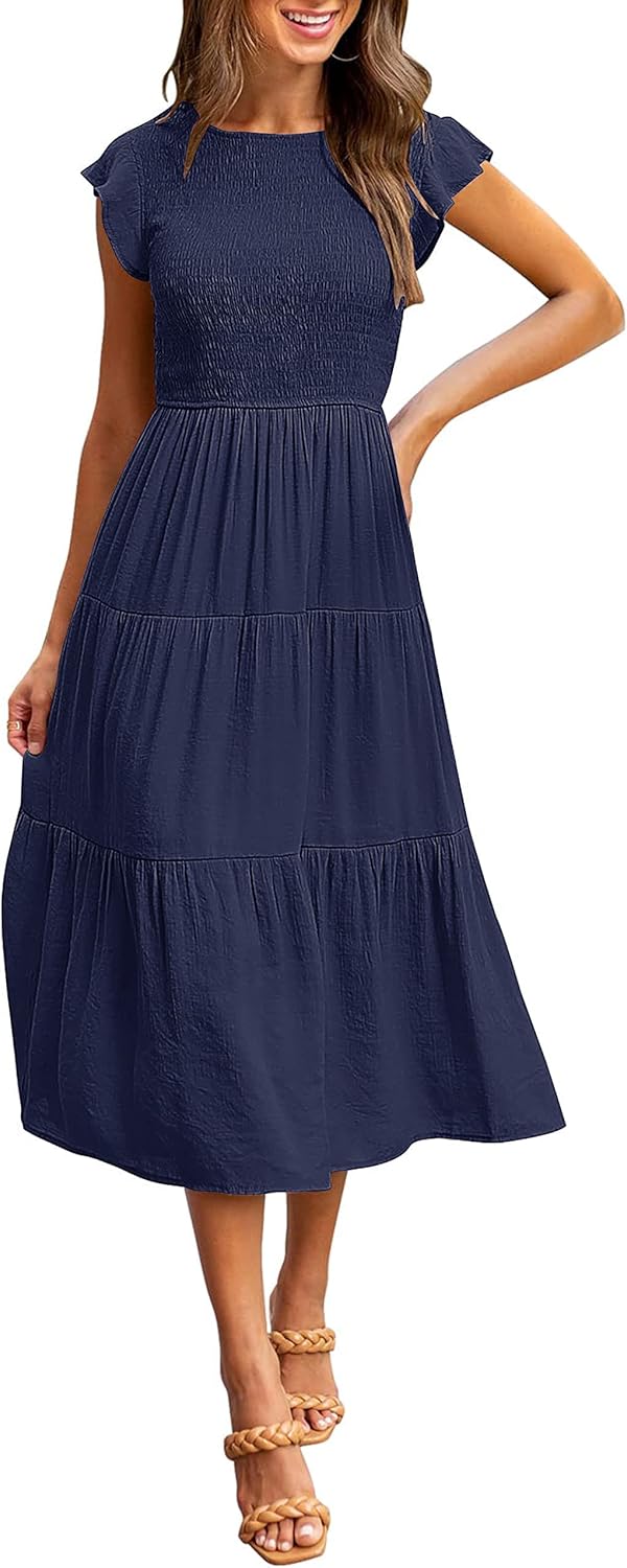 Midi šaty Louise pre ženy – letné šaty so smockovaním, volánovými rukávmi, elegantný áčkový strih