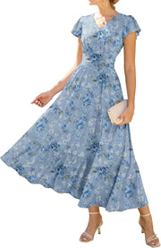 Vestido Midi Feminino Sophie Floral – Decote em V, Mangas com Folhos, Cintura Marcada, Bolsos