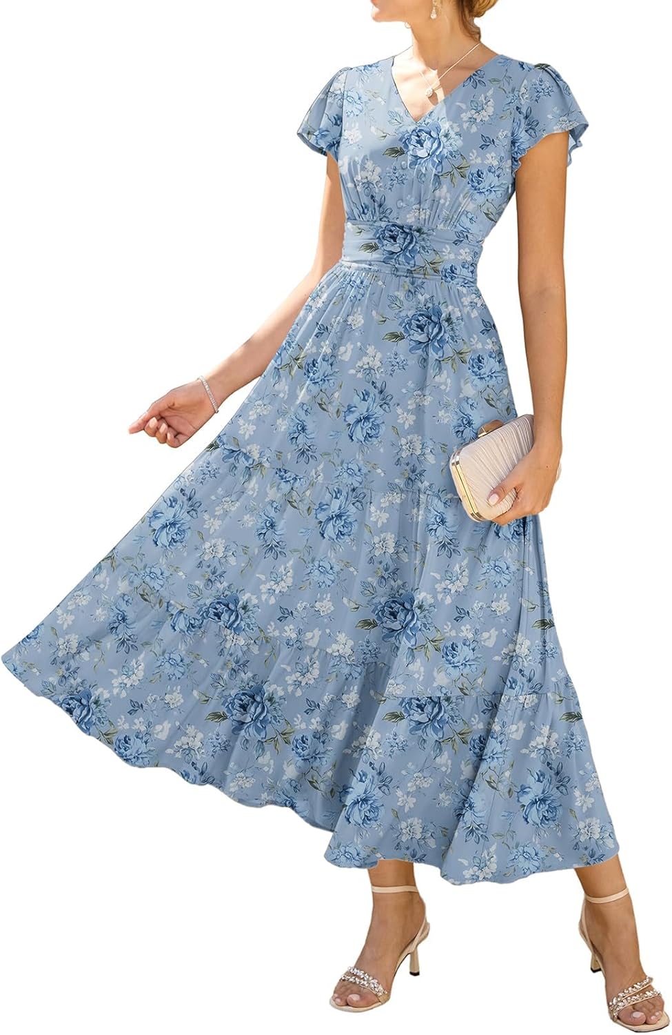 Vestido Midi Feminino Sophie Floral – Decote em V, Mangas com Folhos, Cintura Marcada, Bolsos