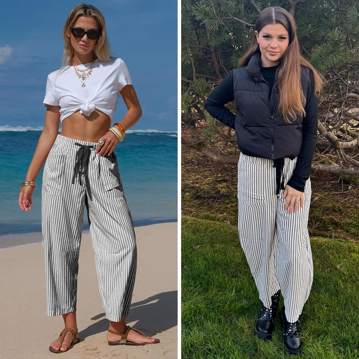 Léna Spodnie Damskie – Capri w Paski, Efekt Lnu, Elastyczna Talia i Kieszenie