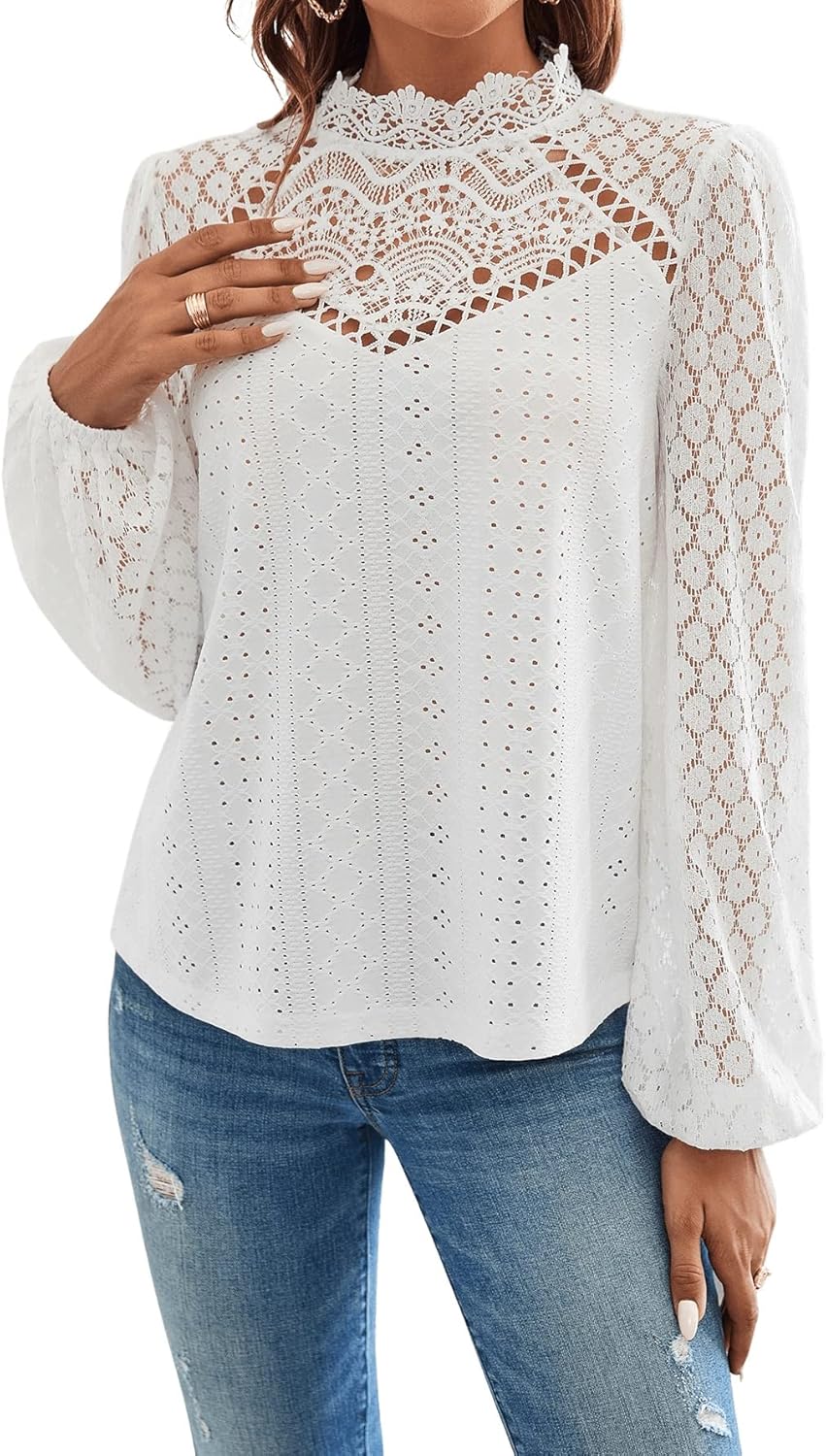 Norie Bluse til Kvinder i Blonde – Høj Krave, Lanterneærmer, Elegant Top