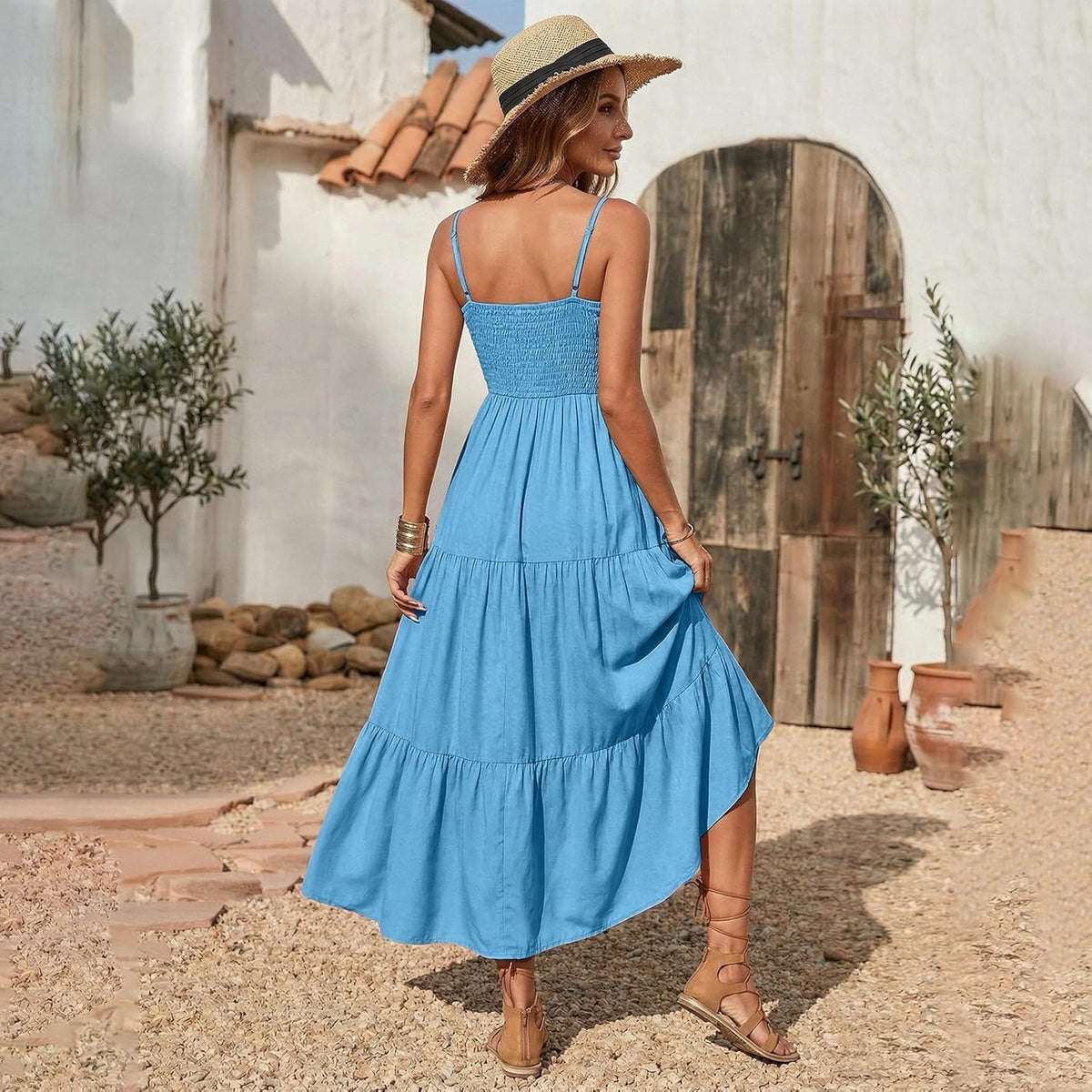 Vestido Léa para mujer – Vestido maxi bohemio con escote cuadrado, fruncido, volantes, fluido, verano