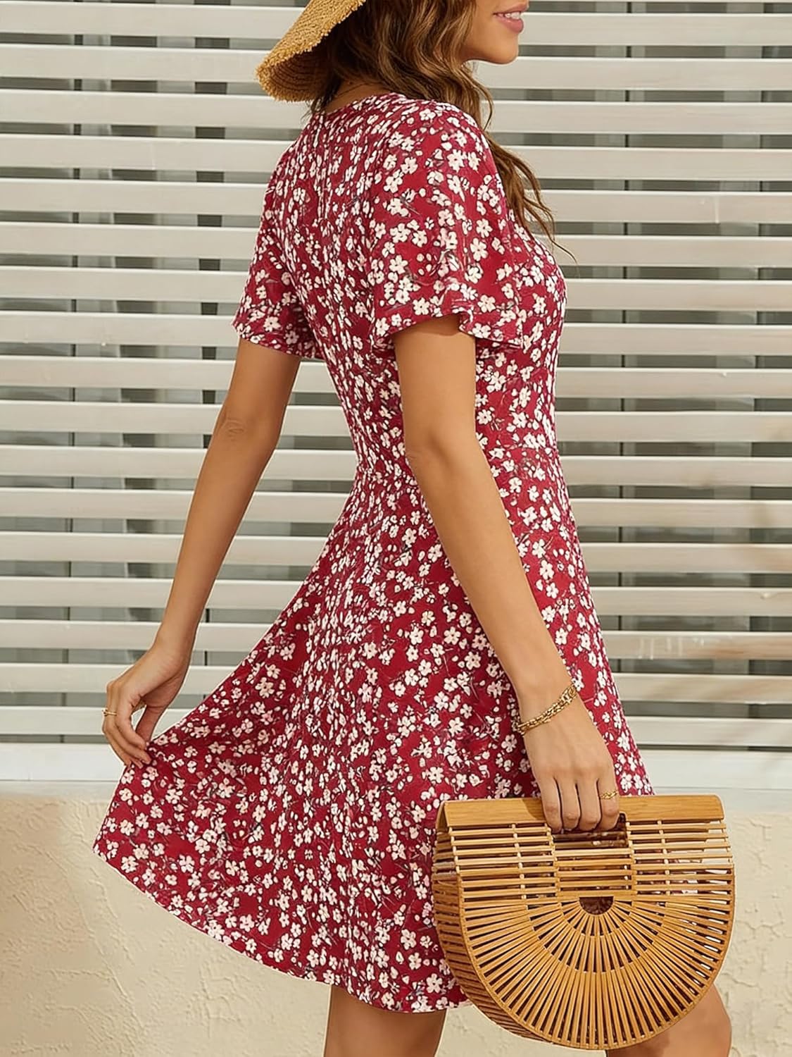 Vestido cruzado Léa para mujer – Vestido midi floral con escote en V y cintura alta