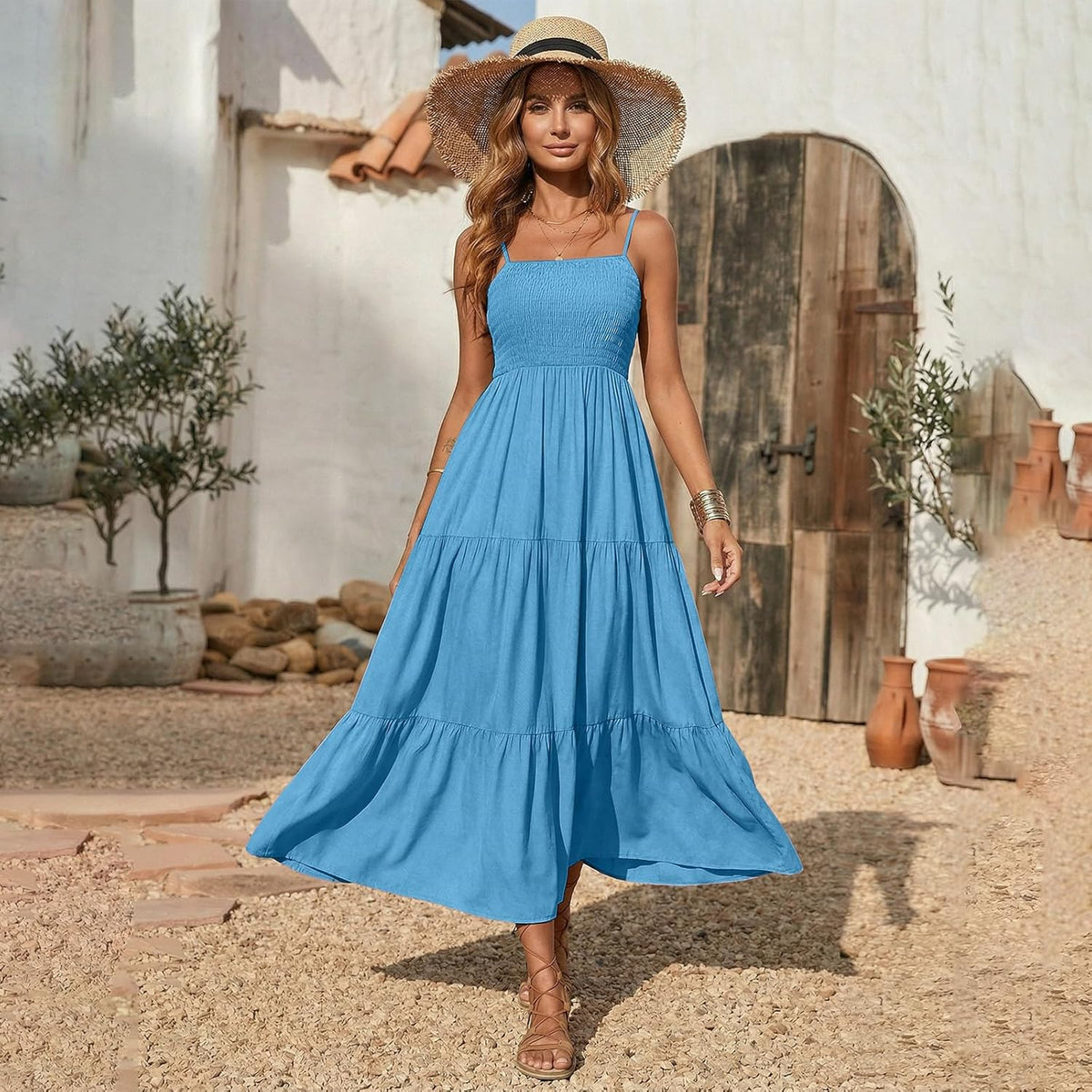 Vestido Léa para mujer – Vestido maxi bohemio con escote cuadrado, fruncido, volantes, fluido, verano