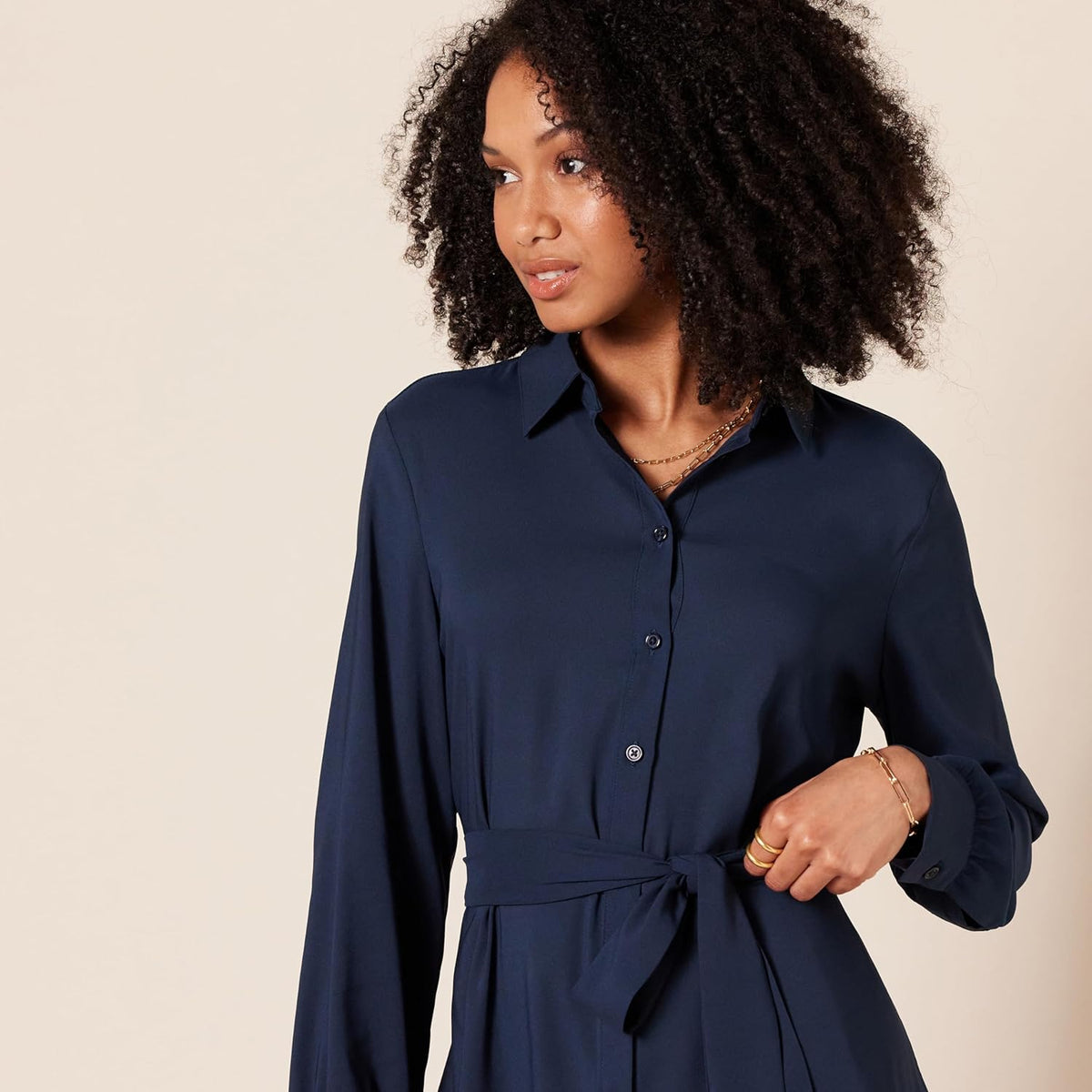 Sophie Women's Midi Shirt Dress – Classic Collar, Long Sleeves, Elegant Belt