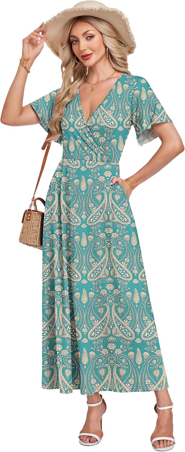 Sophie Abito Maxi Fiorito – Abito Estivo Scollo a V Fluido con Tasche Elegante Donna