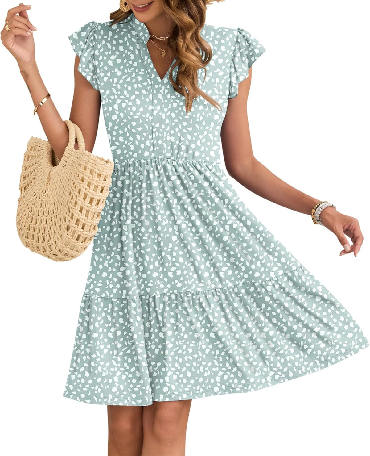Vestido Curto Aida Mulher Verão – Vestido Decote V com Mangas com Folhos, Cintura Elástica e Bolsos