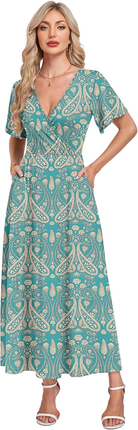 Sophie Abito Maxi Fiorito – Abito Estivo Scollo a V Fluido con Tasche Elegante Donna